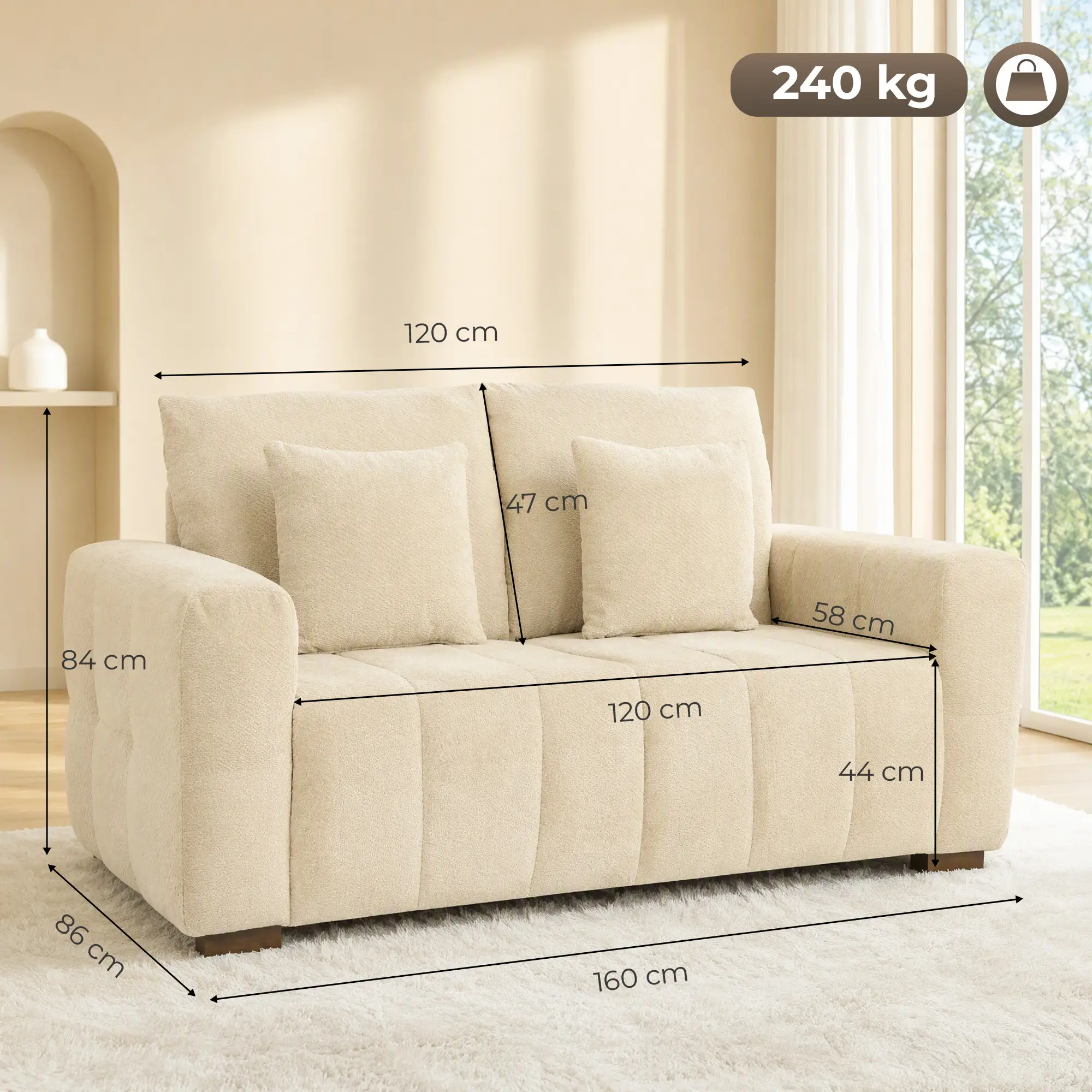 2 Seater Velvet Sofa 160 x 86 x 84cm, Cream White - Cream White - 3