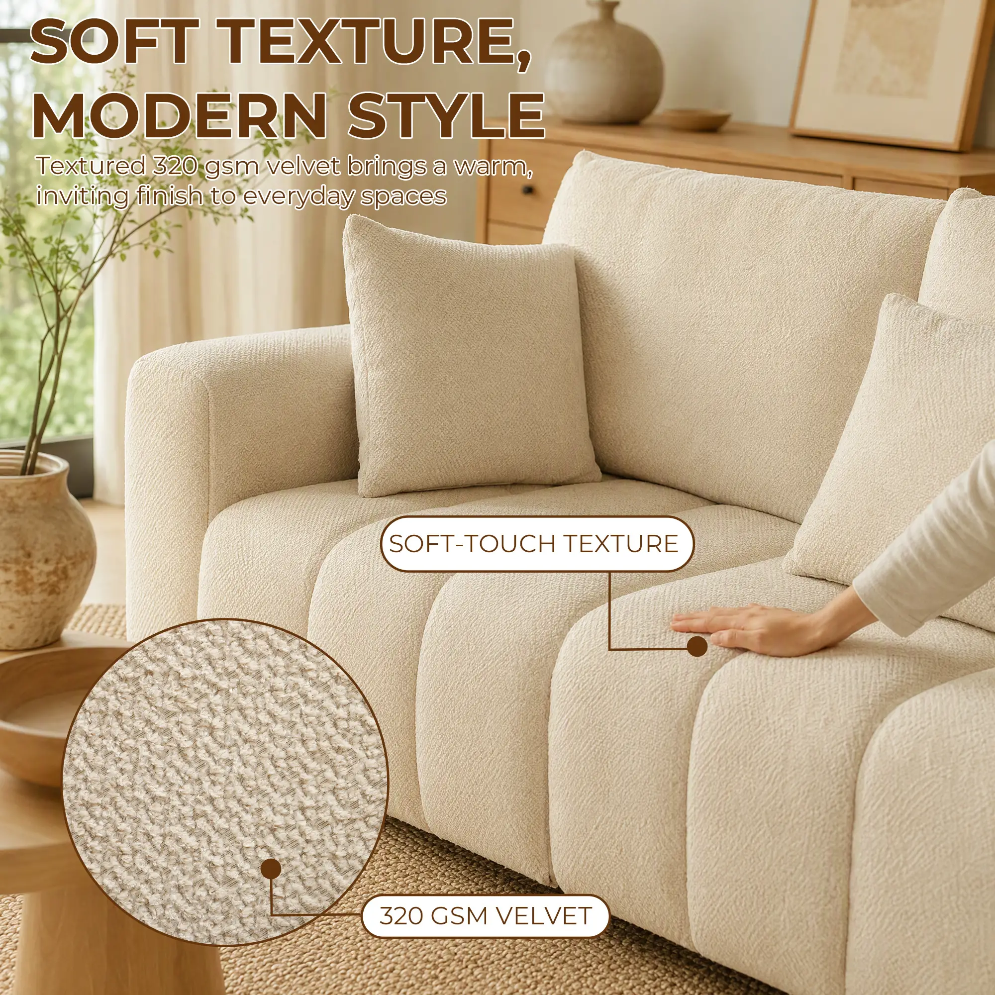 2 Seater Velvet Sofa 160 x 86 x 84cm, Cream White - Cream White - 5