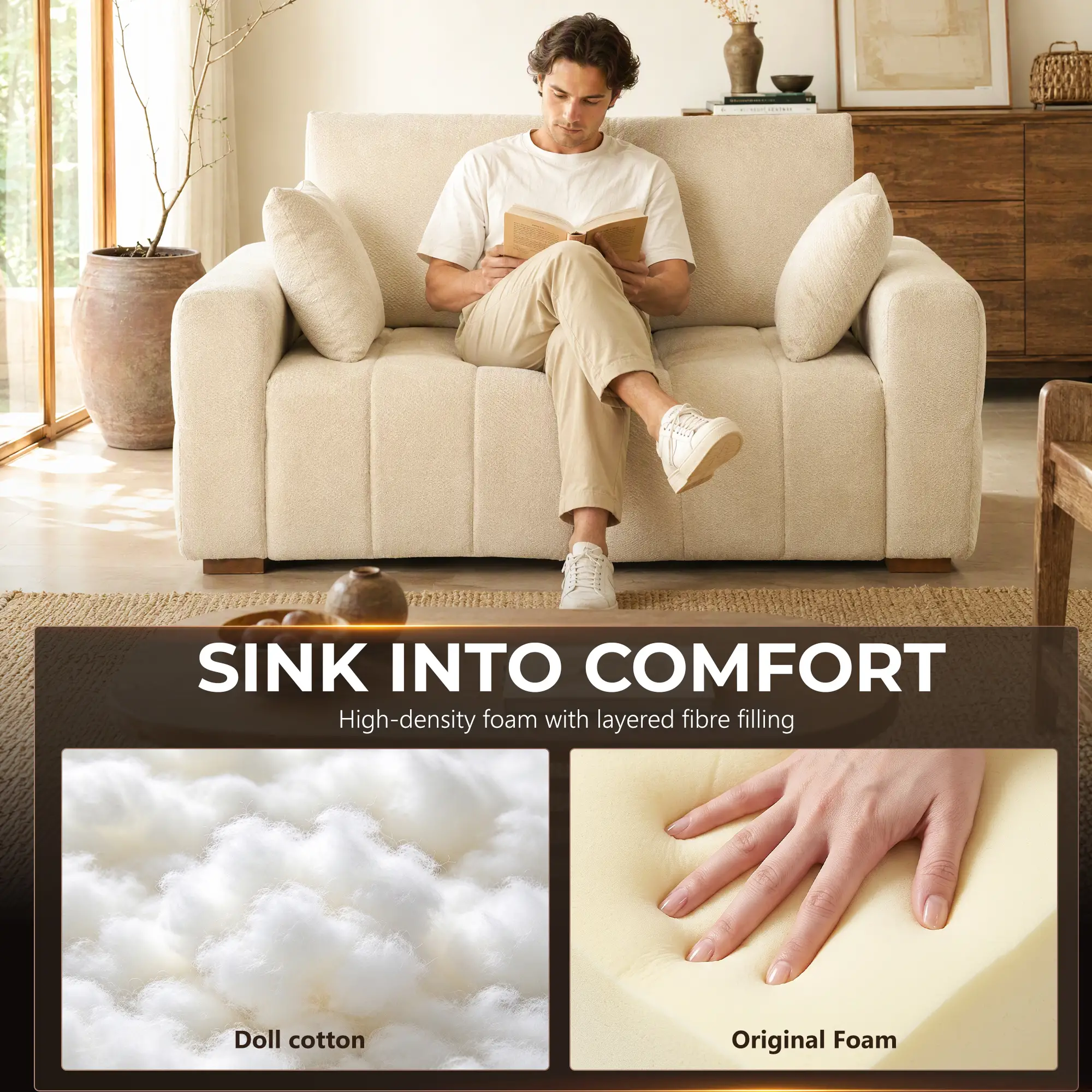 2 Seater Velvet Sofa 160 x 86 x 84cm, Cream White - Cream White - 6