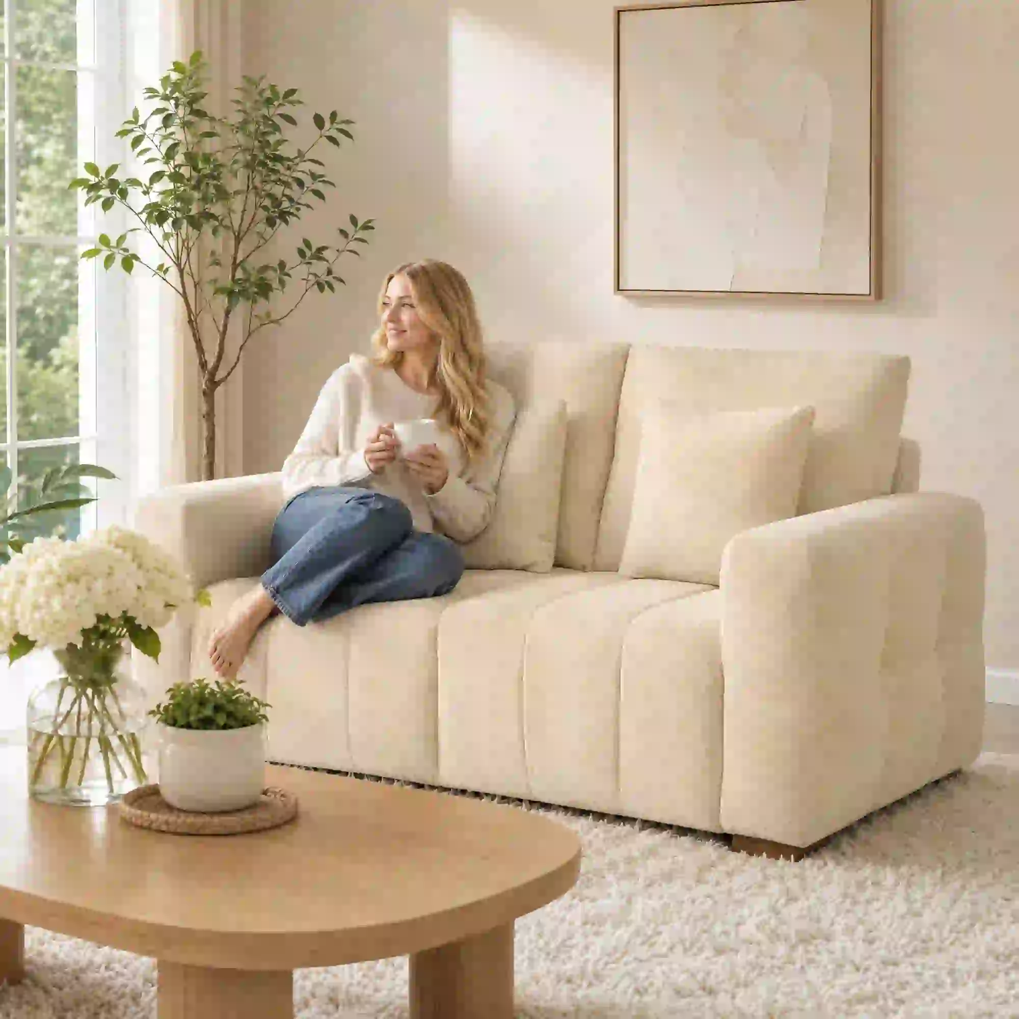 2 Seater Velvet Sofa 160 x 86 x 84cm, Cream White - Cream White - 9