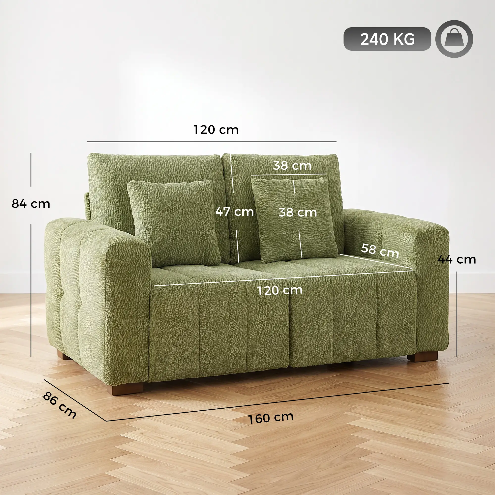 2 Seater Velvet Sofa 160 x 86 x 84cm, Green - Green - 3