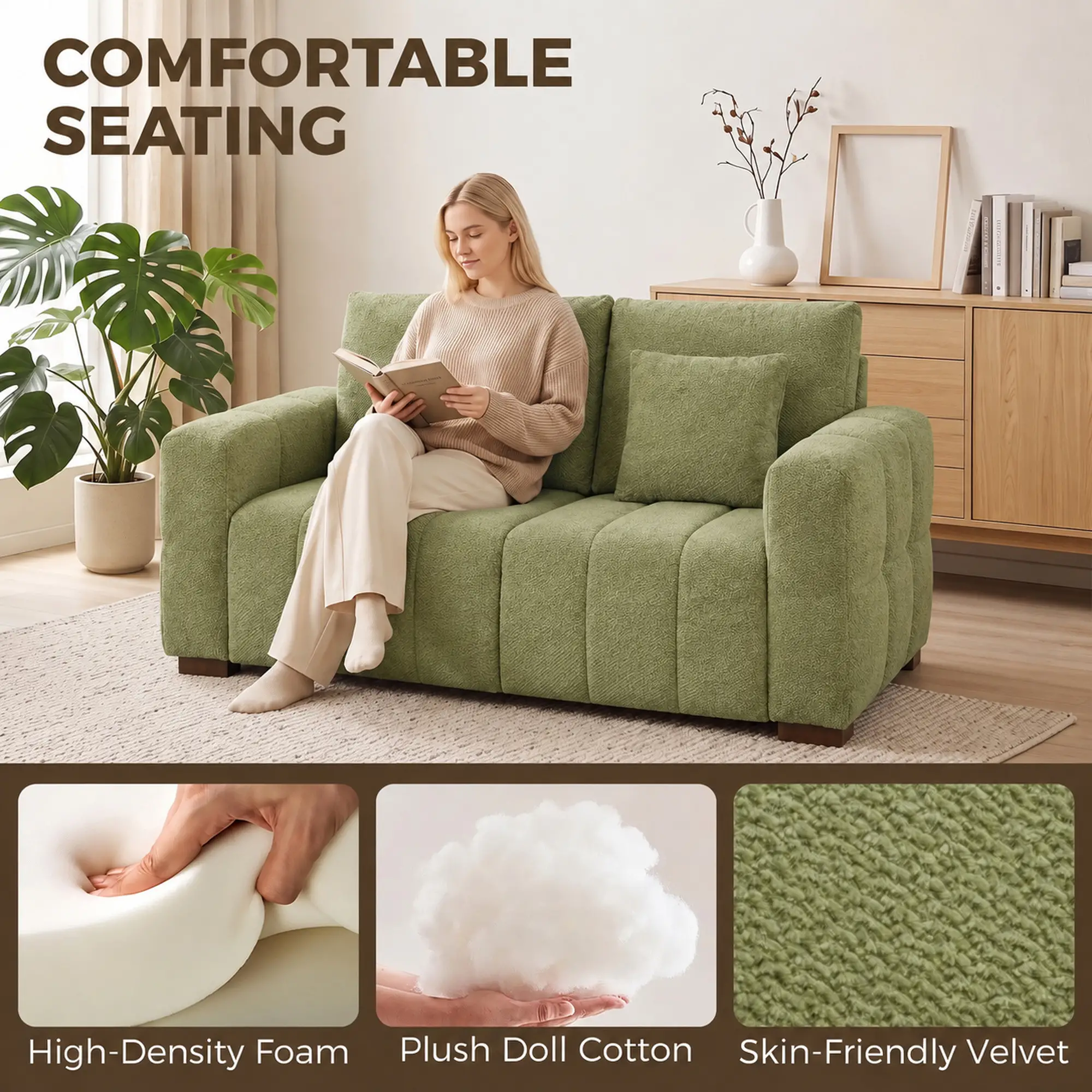 2 Seater Velvet Sofa 160 x 86 x 84cm, Green - Green - 5