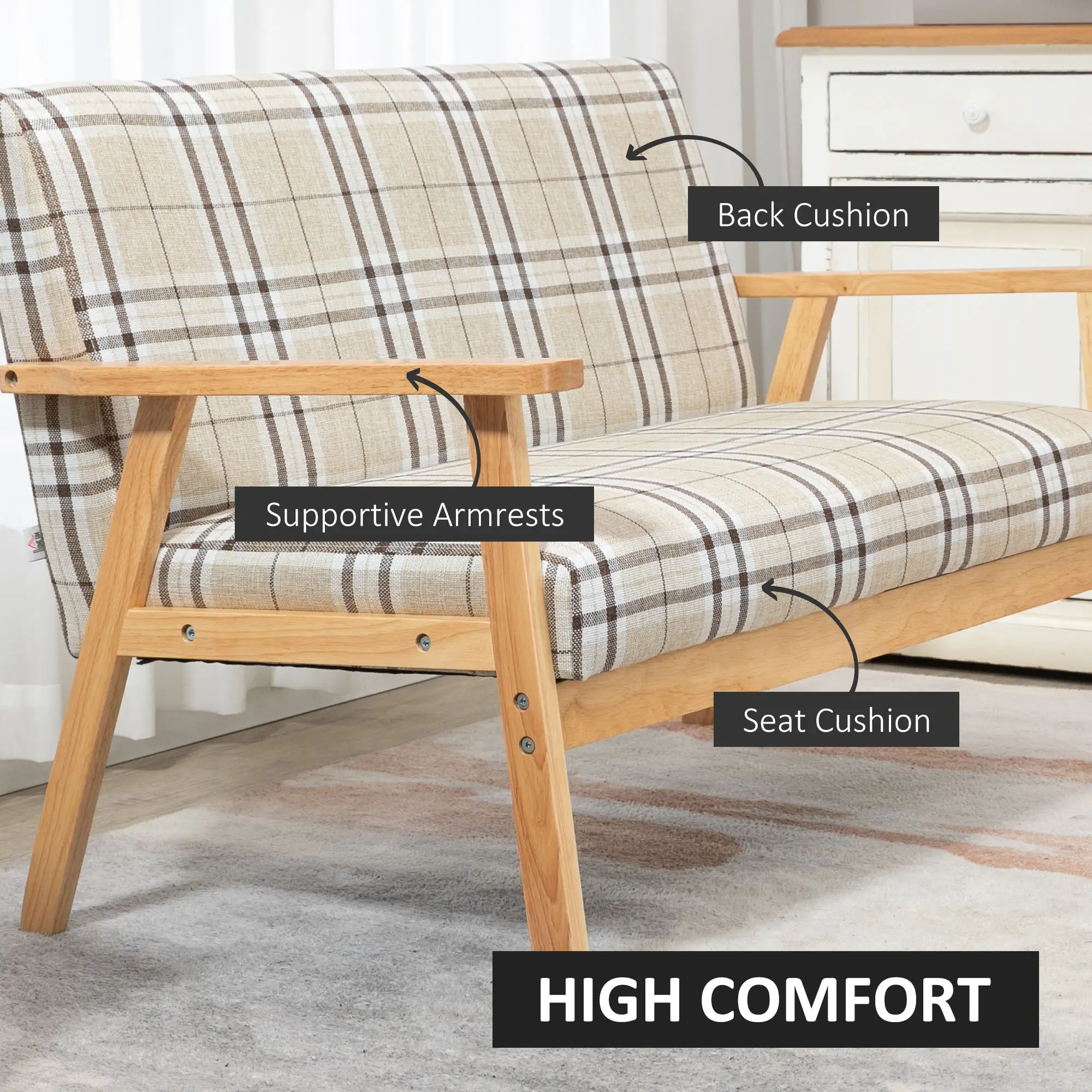 Linen Sofa 124 x 67 x 77cm, Beige, Coffee, Natural - Beige, Coffee, Natural - 5
