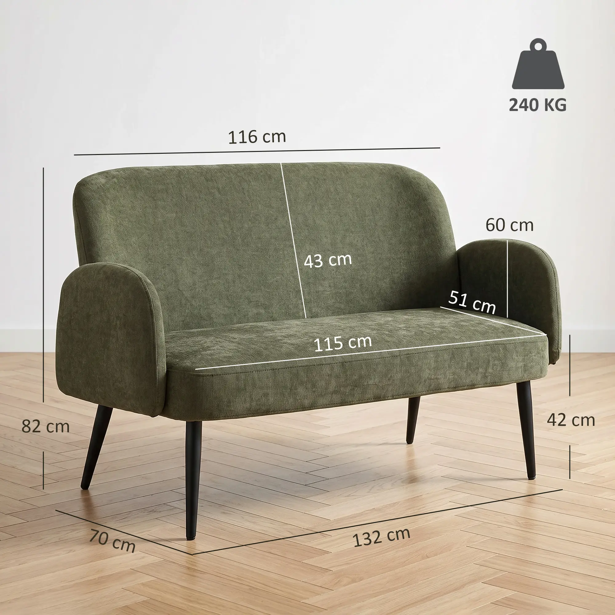 2 Seater Velvet Sofa 132 x 70 x 82cm, Green, Black - Green, Black - 3