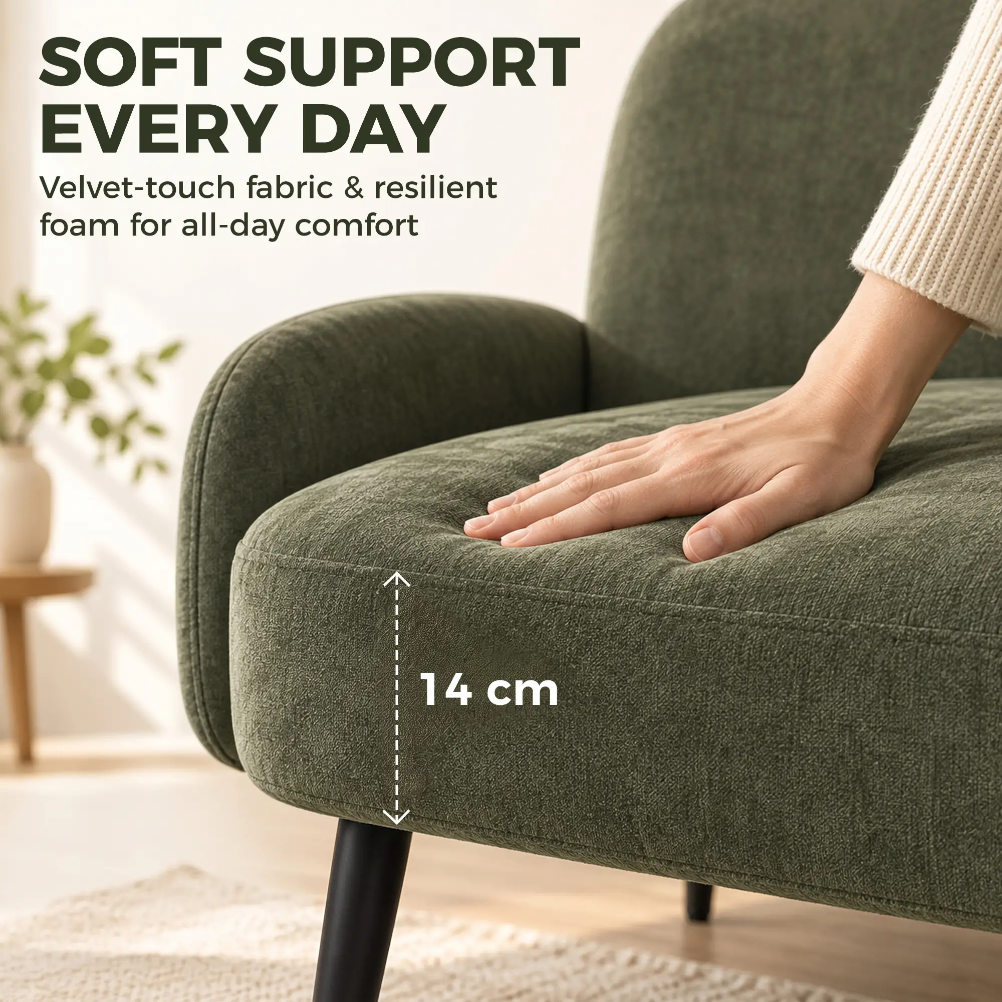 2 Seater Velvet Sofa 132 x 70 x 82cm, Green, Black - Green, Black - 5