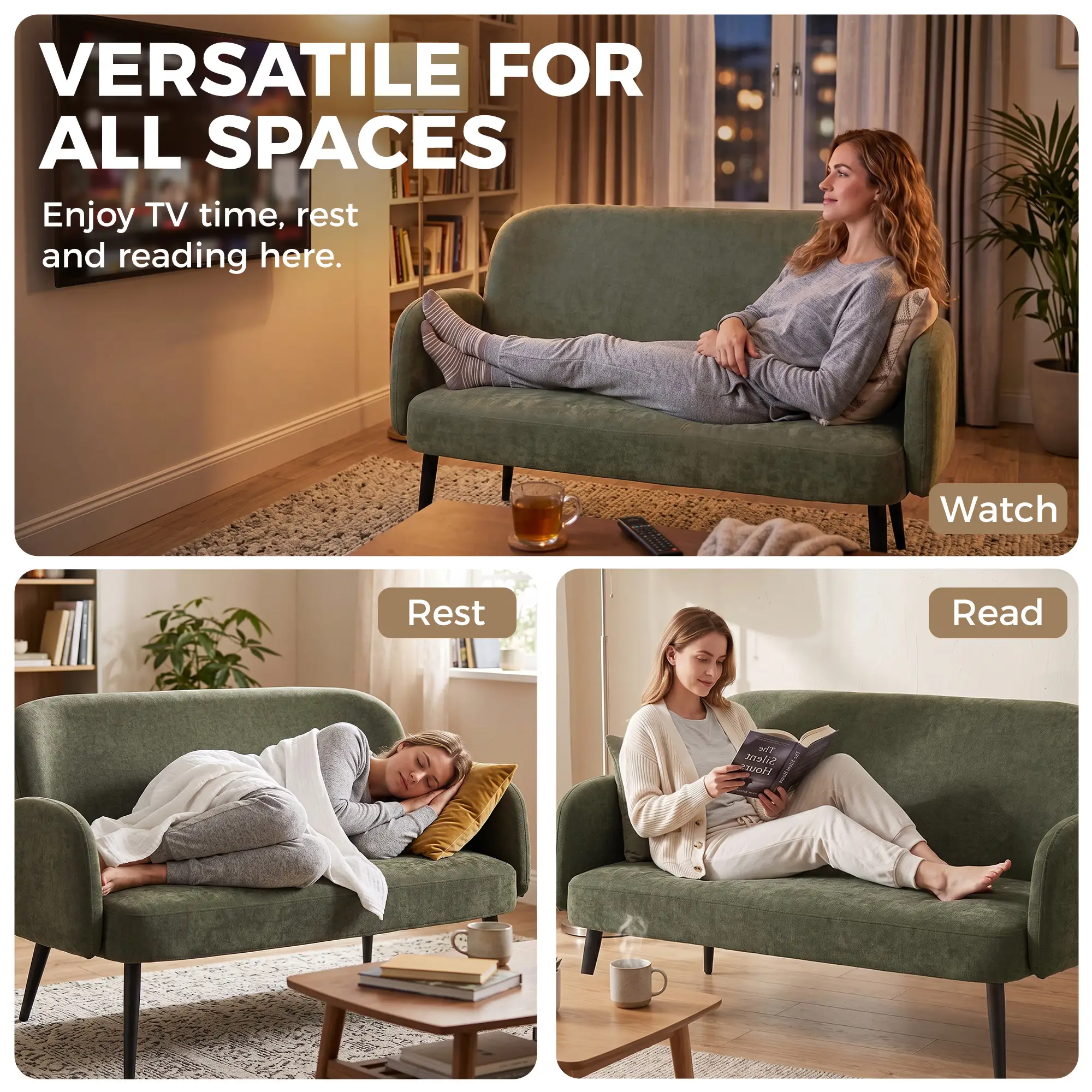 2 Seater Velvet Sofa 132 x 70 x 82cm, Green, Black - Green, Black - 7