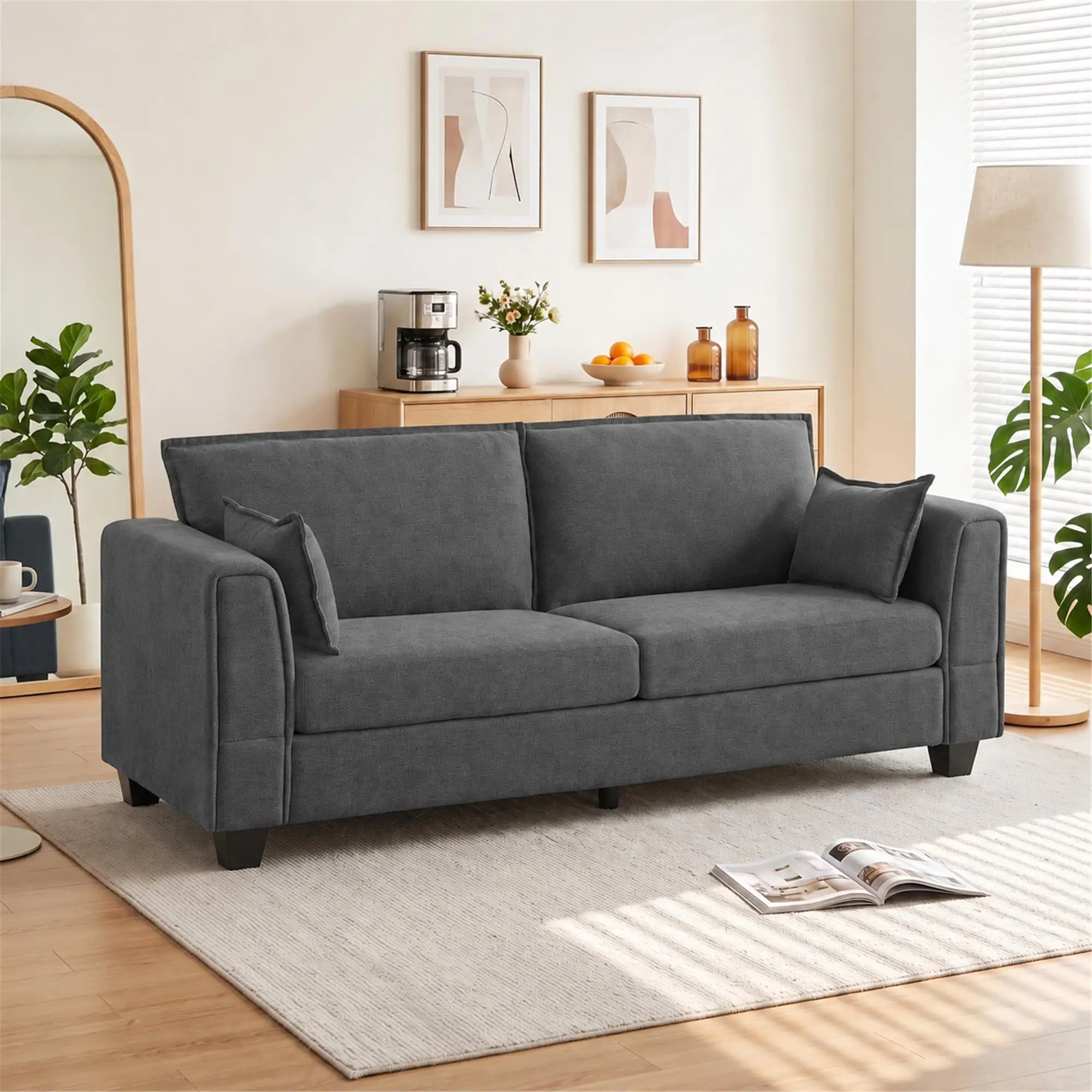 3 Seater Linen Sofa 200 x 75 x 83cm - Dark Grey - 2