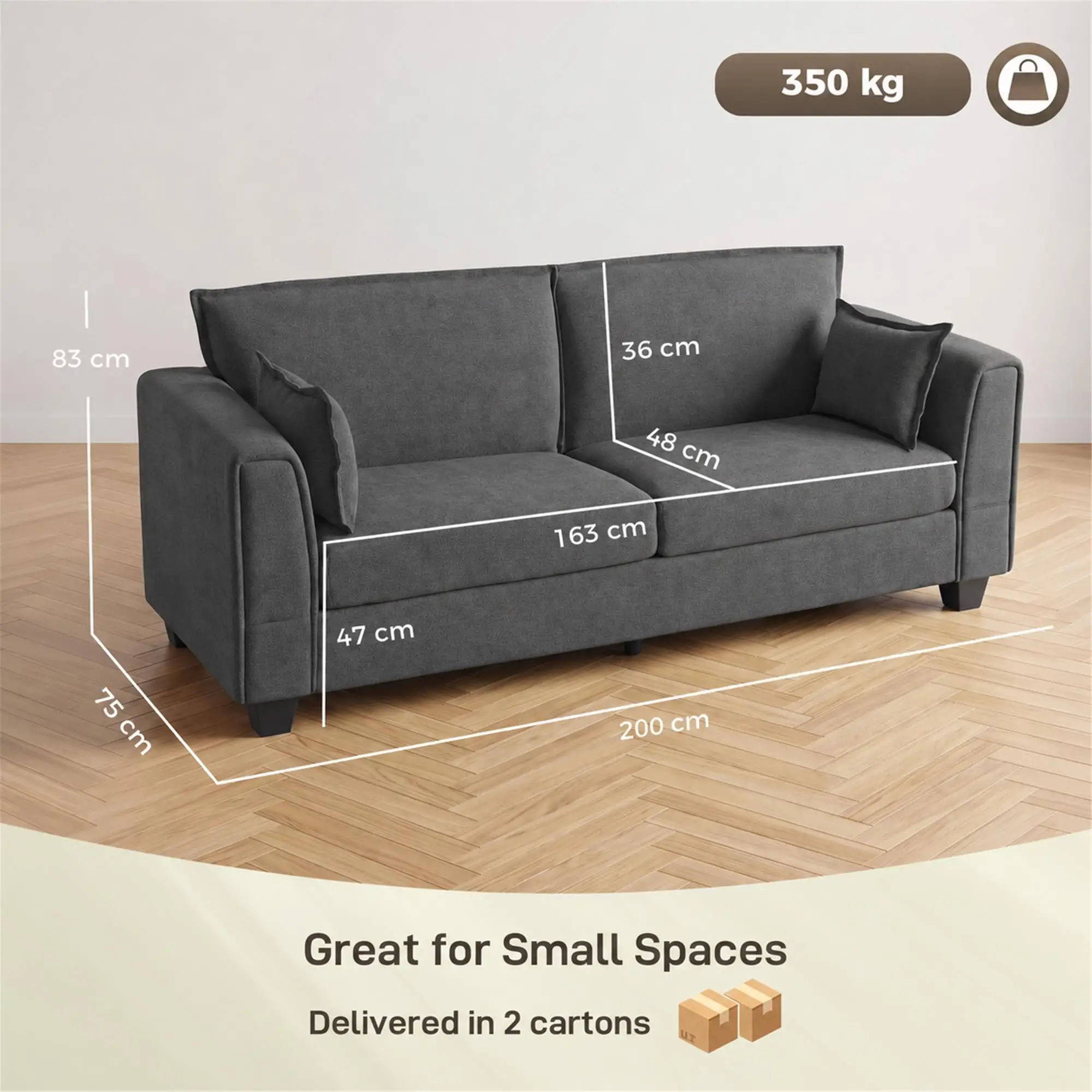 3 Seater Linen Sofa 200 x 75 x 83cm - Dark Grey - 3