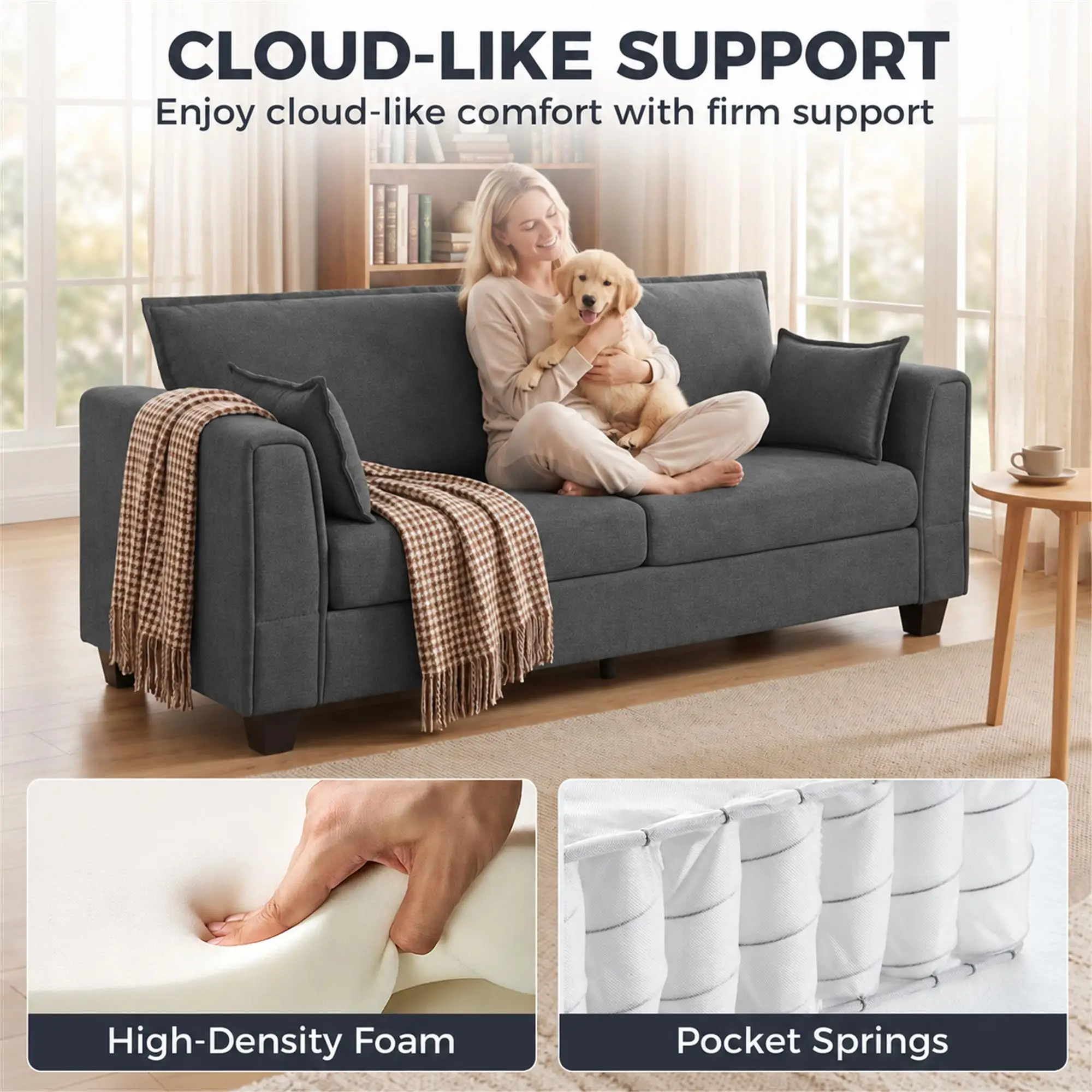 3 Seater Linen Sofa 200 x 75 x 83cm - Dark Grey - 4