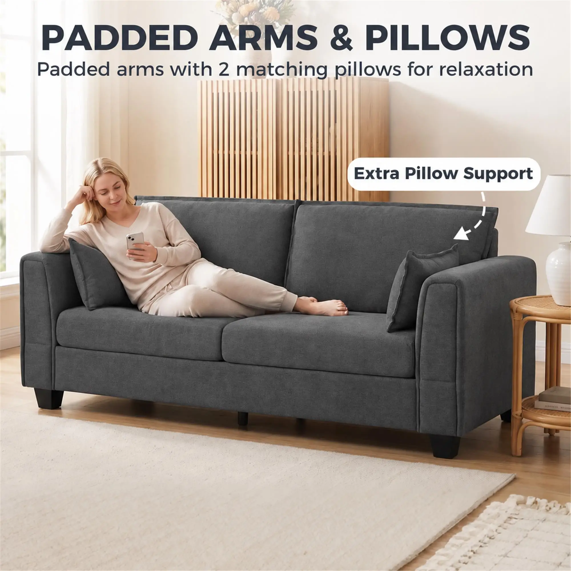 3 Seater Linen Sofa 200 x 75 x 83cm - Dark Grey - 6