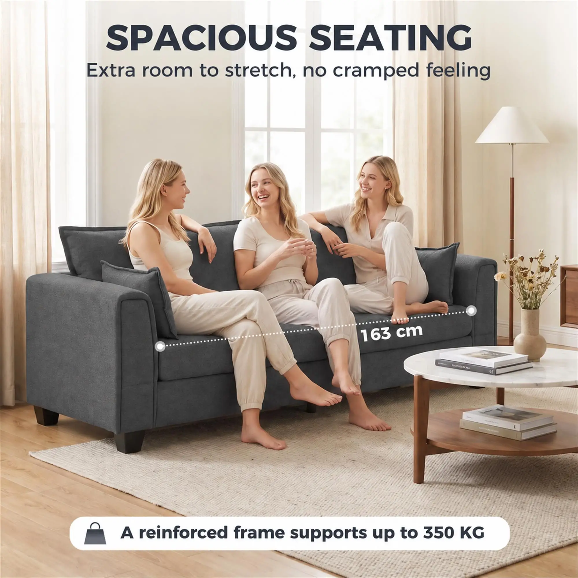 3 Seater Linen Sofa 200 x 75 x 83cm - Dark Grey - 7