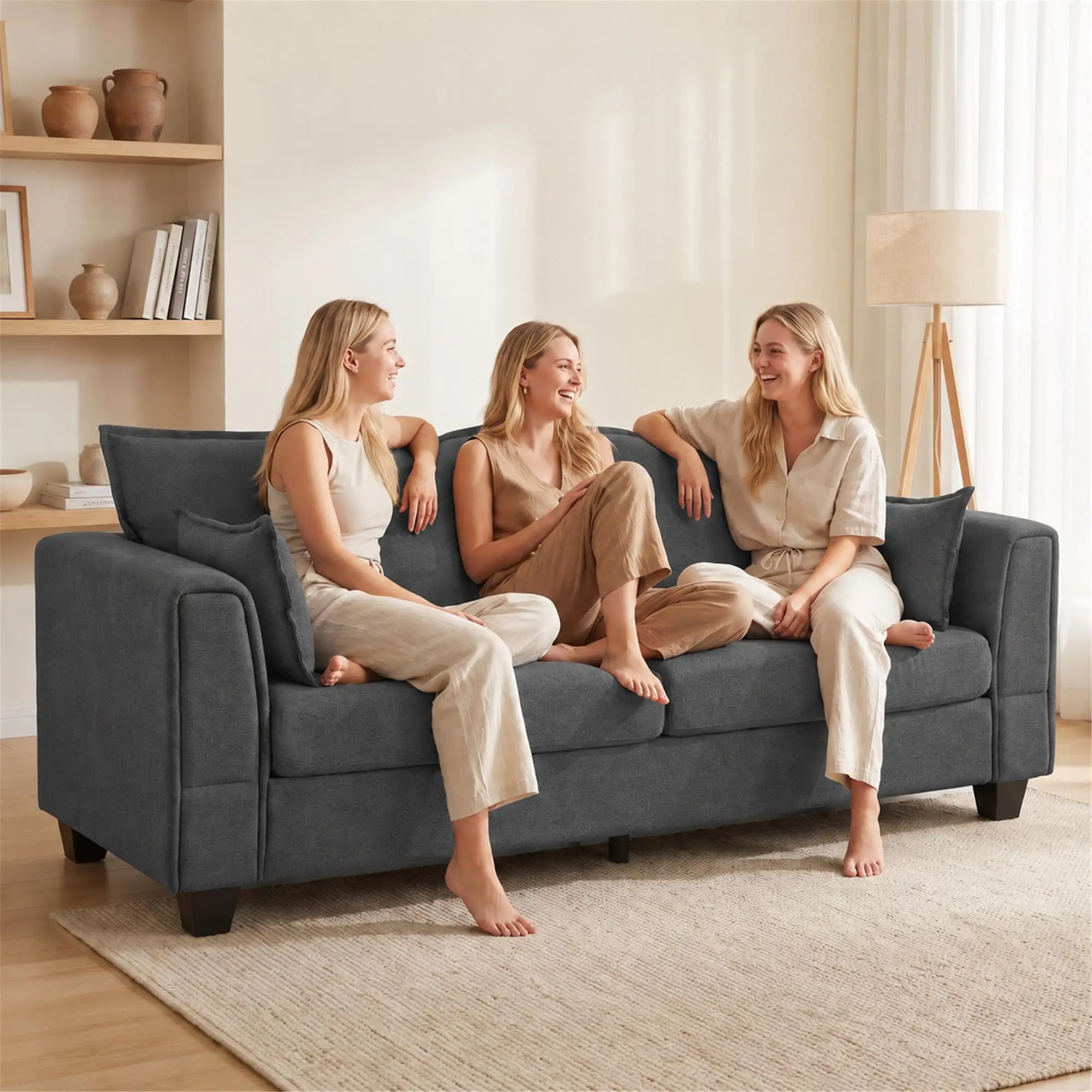 3 Seater Linen Sofa 200 x 75 x 83cm - Dark Grey - 8