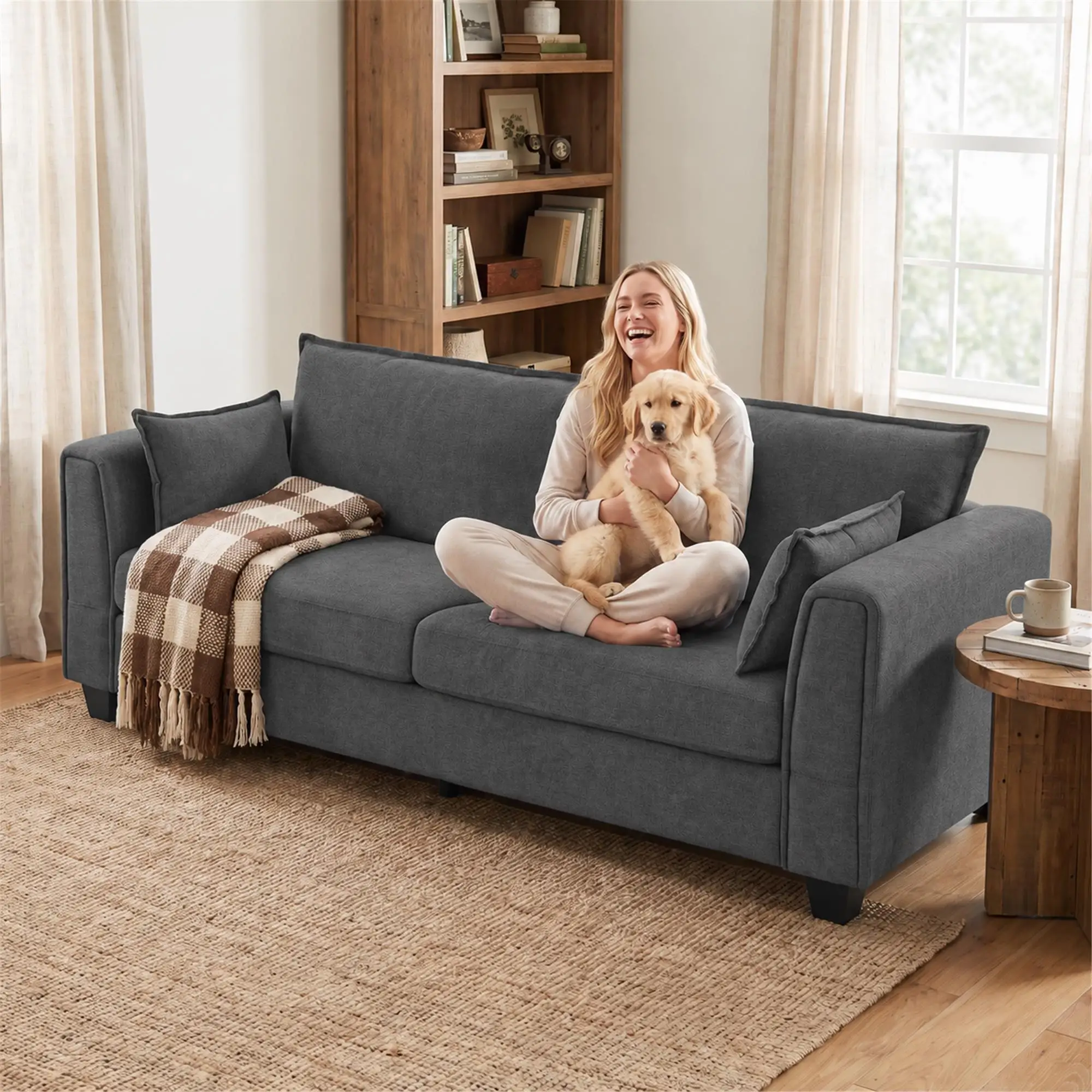 3 Seater Linen Sofa 200 x 75 x 83cm - Dark Grey - 9