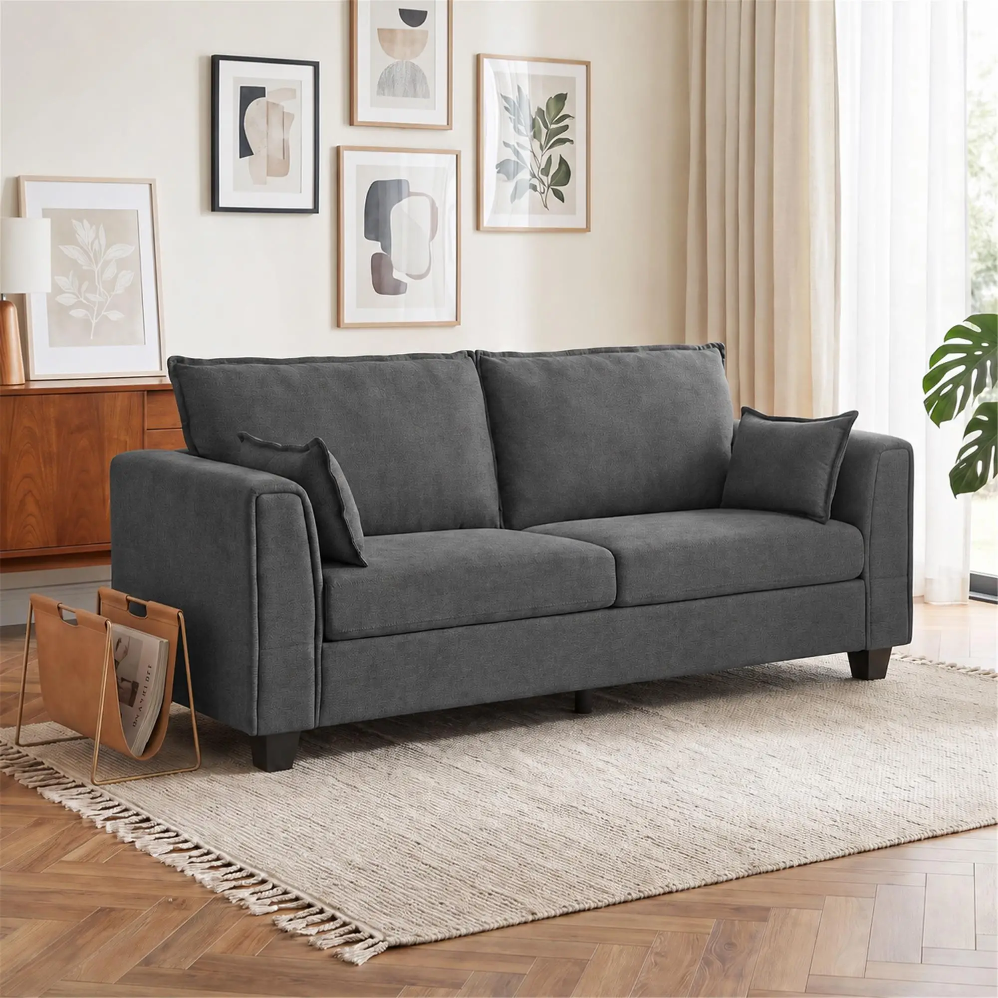 3 Seater Linen Sofa 200 x 75 x 83cm - Dark Grey - 14