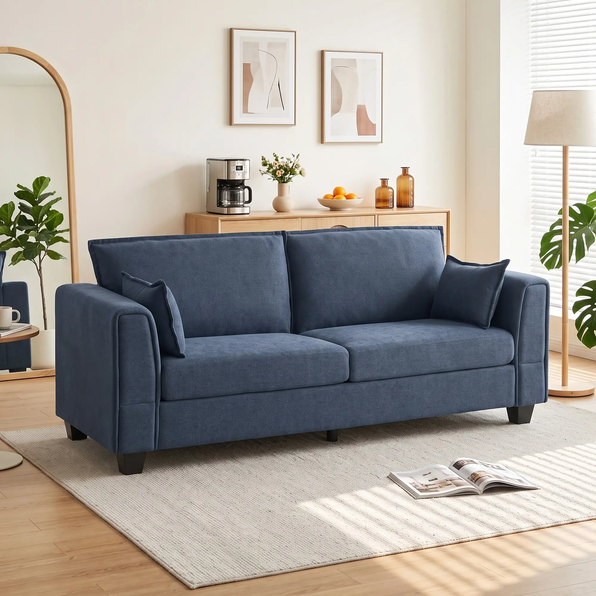 3 Seater Linen Sofa 200 x 75 x 83cm - Dark Blue - 2
