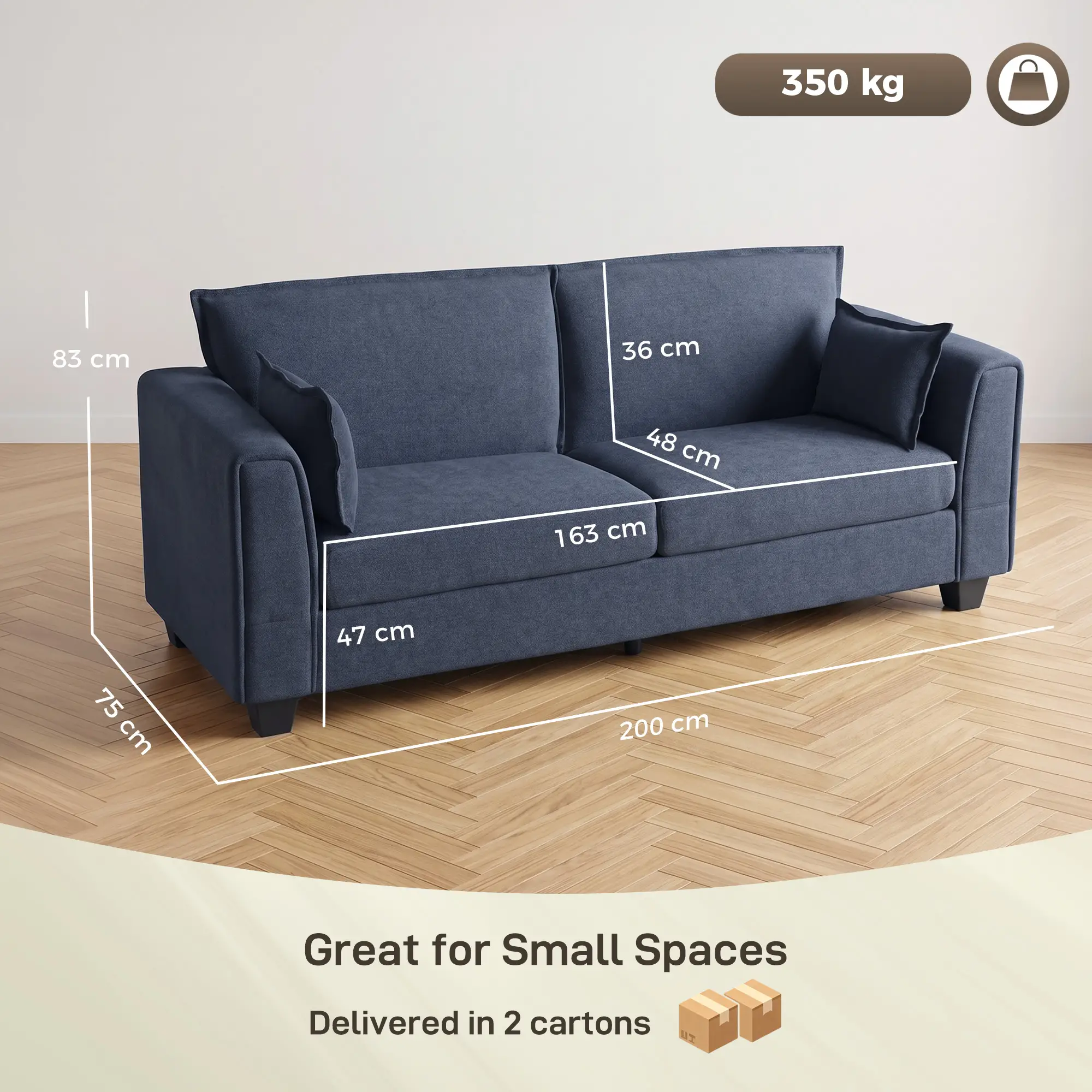 3 Seater Linen Sofa 200 x 75 x 83cm - Dark Blue - 3