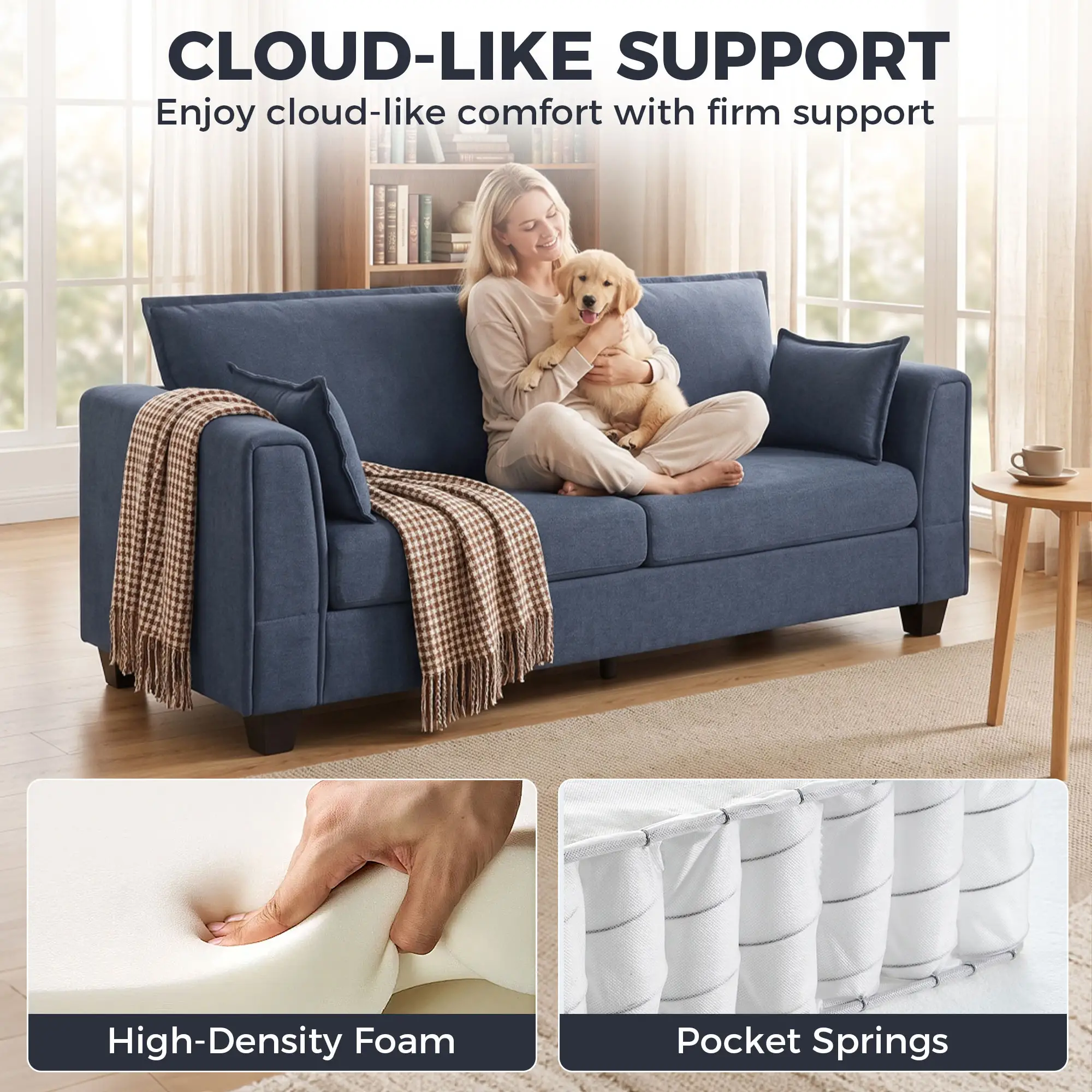 3 Seater Linen Sofa 200 x 75 x 83cm - Dark Blue - 4