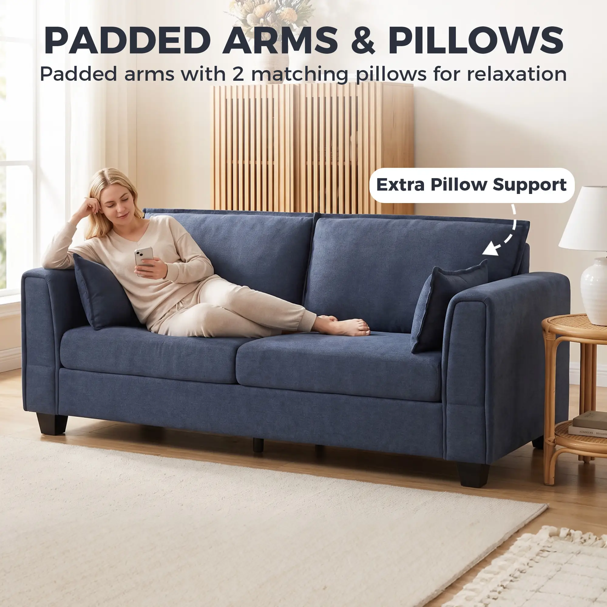3 Seater Linen Sofa 200 x 75 x 83cm - Dark Blue - 6