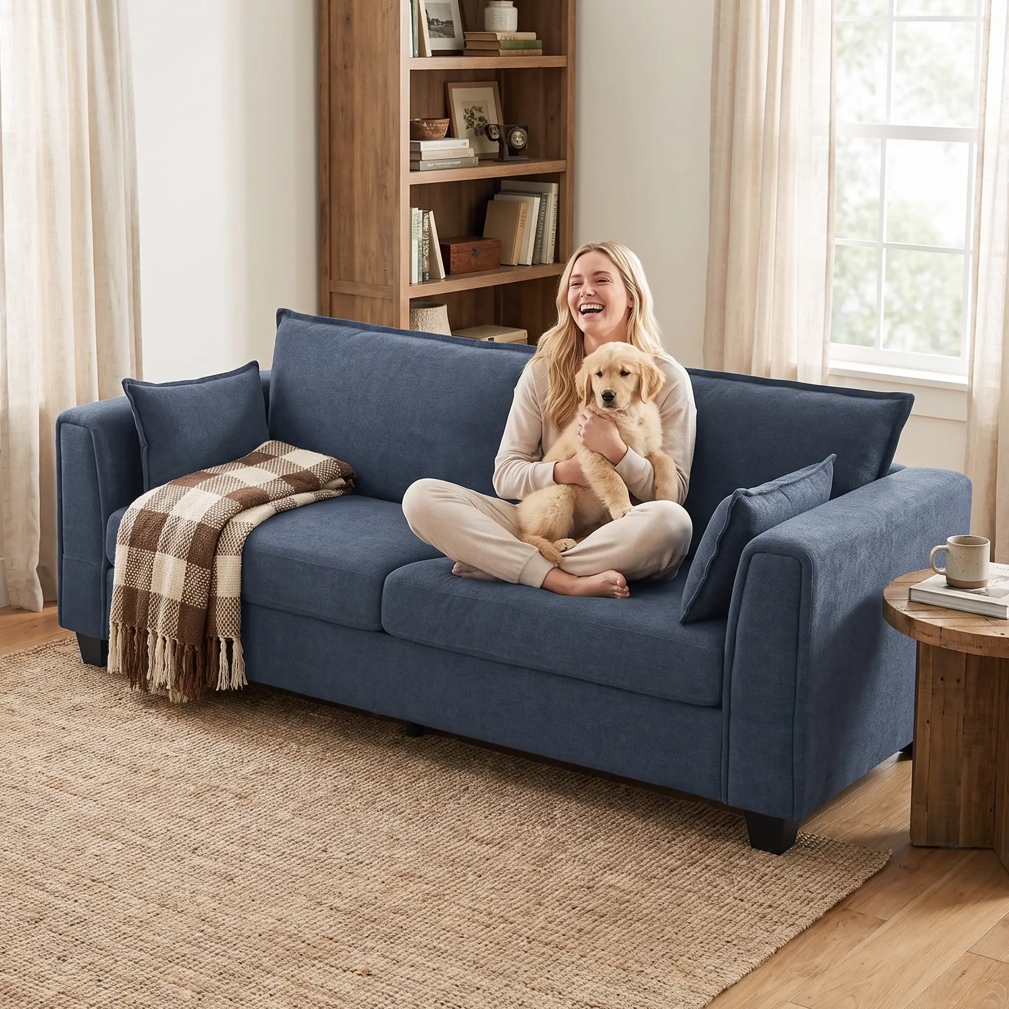 3 Seater Linen Sofa 200 x 75 x 83cm - Dark Blue - 9
