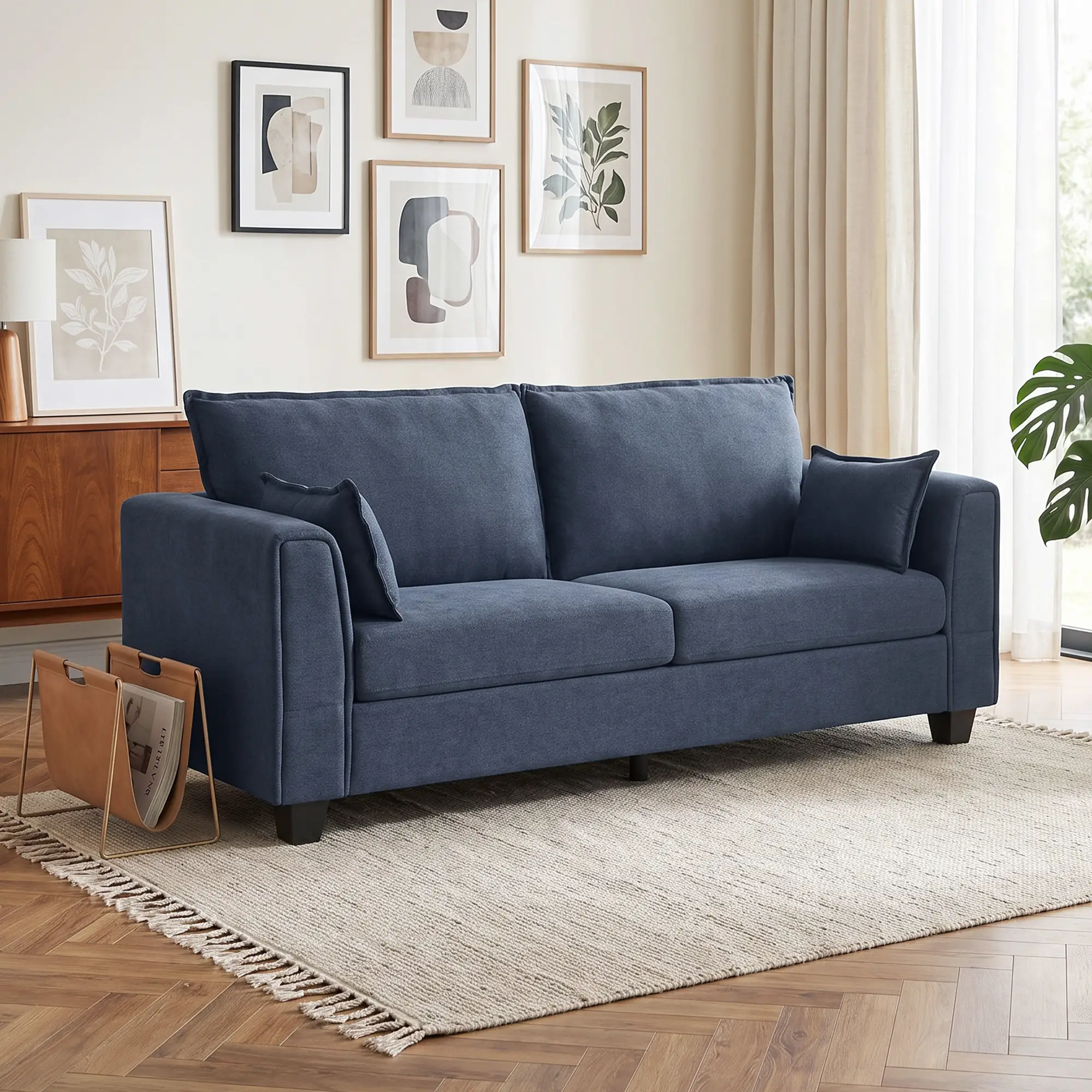 3 Seater Linen Sofa 200 x 75 x 83cm - Dark Blue - 14
