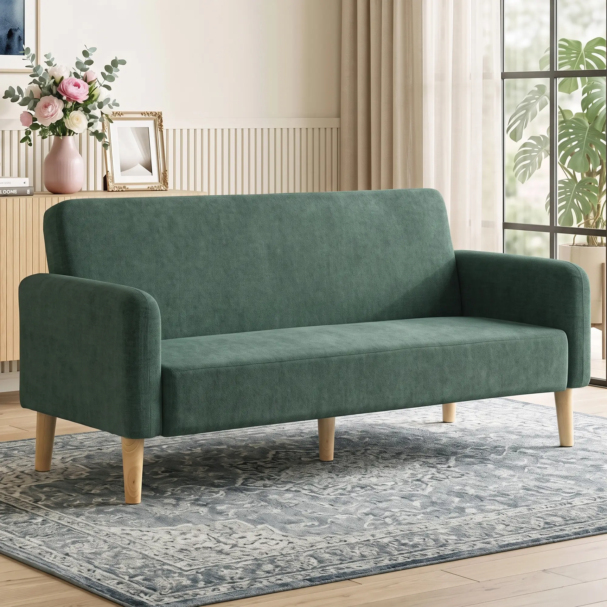 2 Seater Velvet Sofa 160 x 73 x 83cm - Dark Green, Black - 2