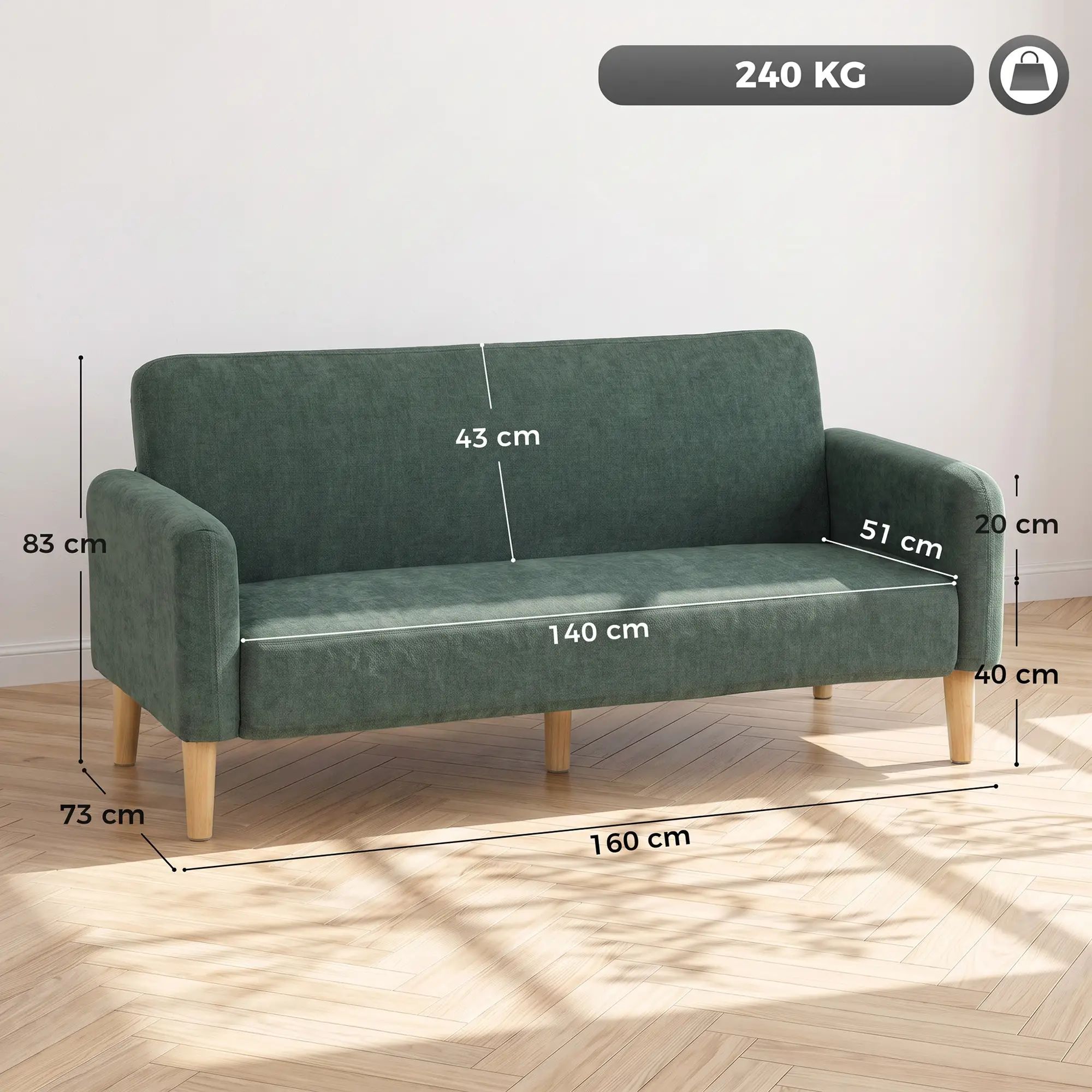 2 Seater Velvet Sofa 160 x 73 x 83cm - Dark Green, Black - 3