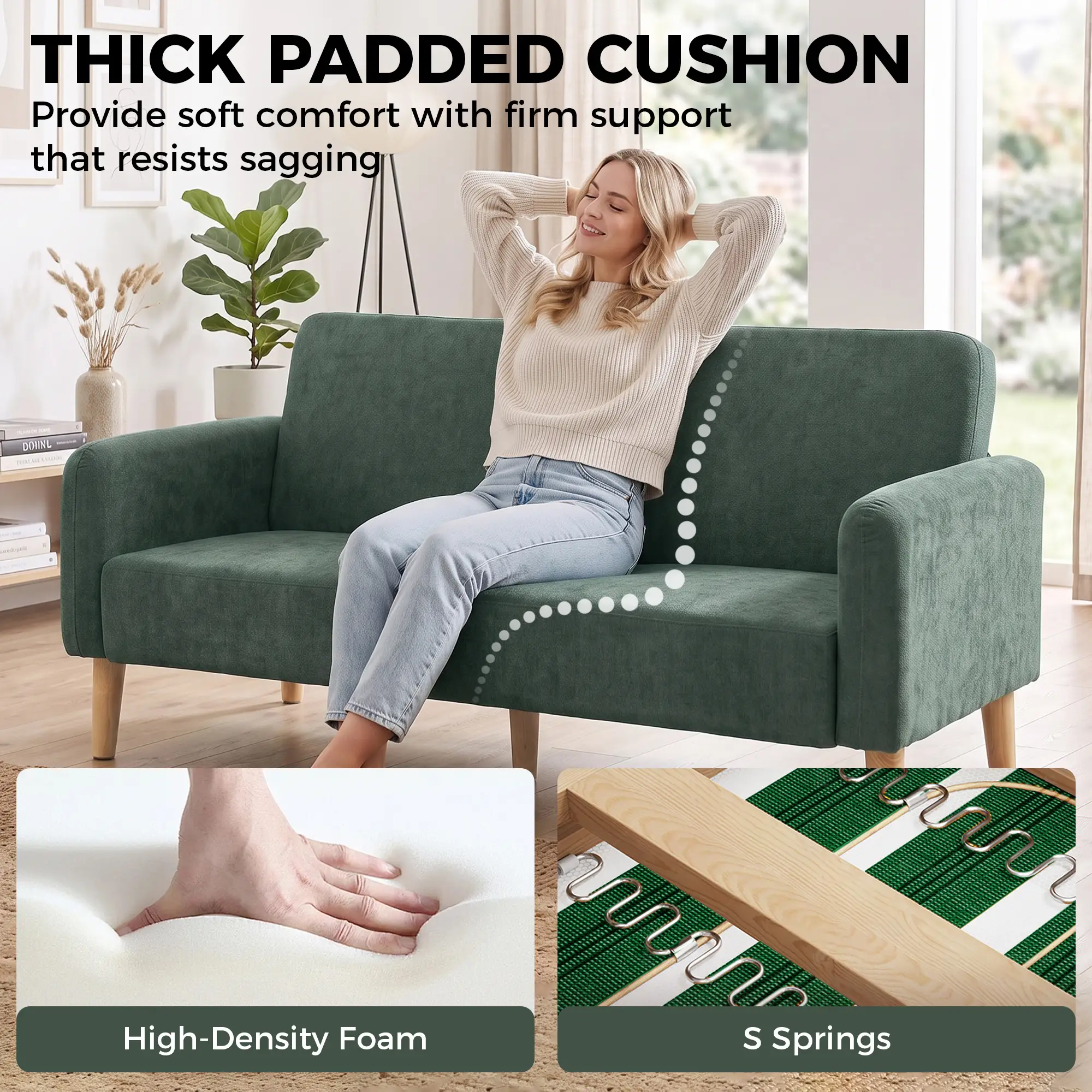 2 Seater Velvet Sofa 160 x 73 x 83cm - Dark Green, Black - 4