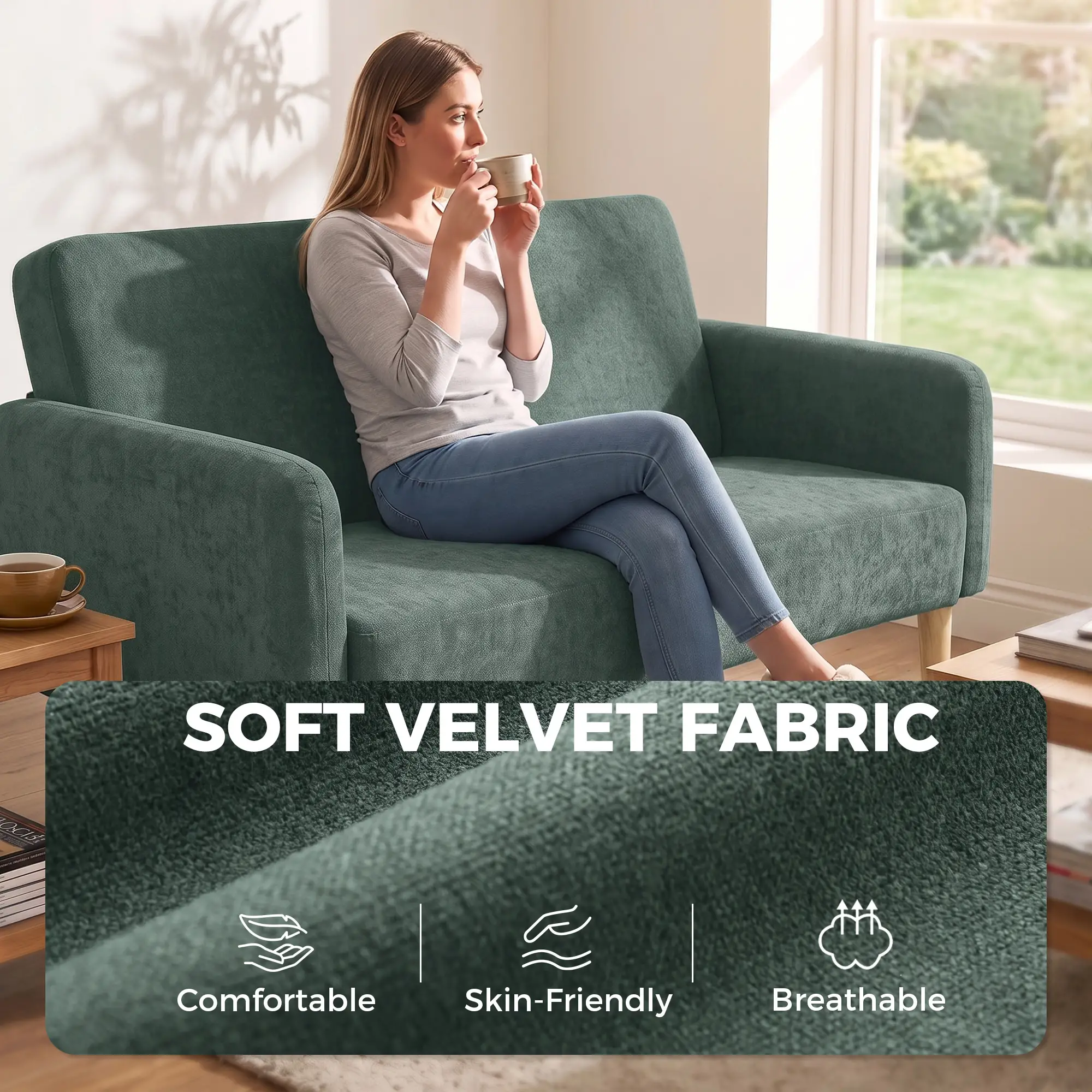 2 Seater Velvet Sofa 160 x 73 x 83cm - Dark Green, Black - 5