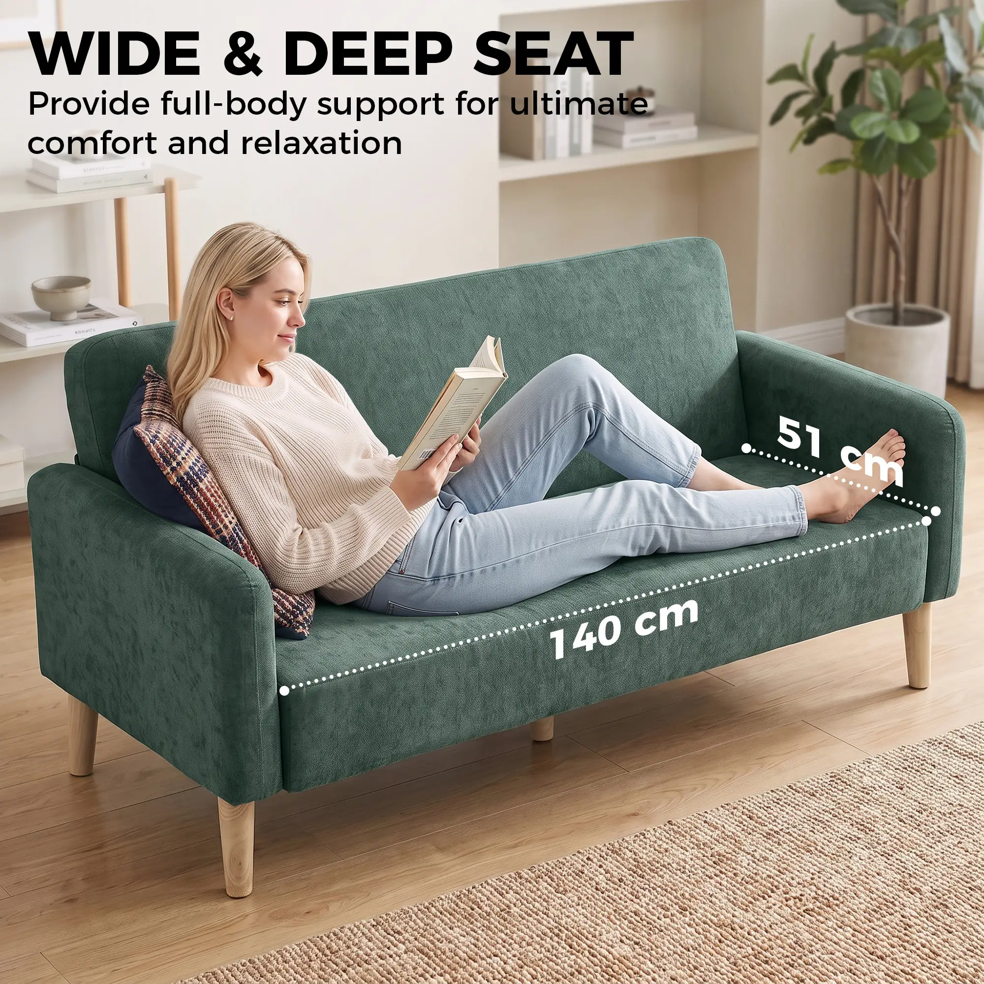2 Seater Velvet Sofa 160 x 73 x 83cm - Dark Green, Black - 6