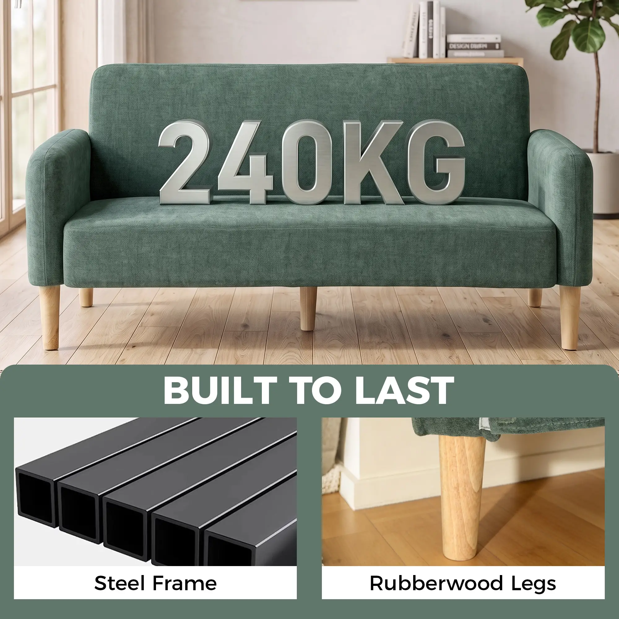 2 Seater Velvet Sofa 160 x 73 x 83cm - Dark Green, Black - 7