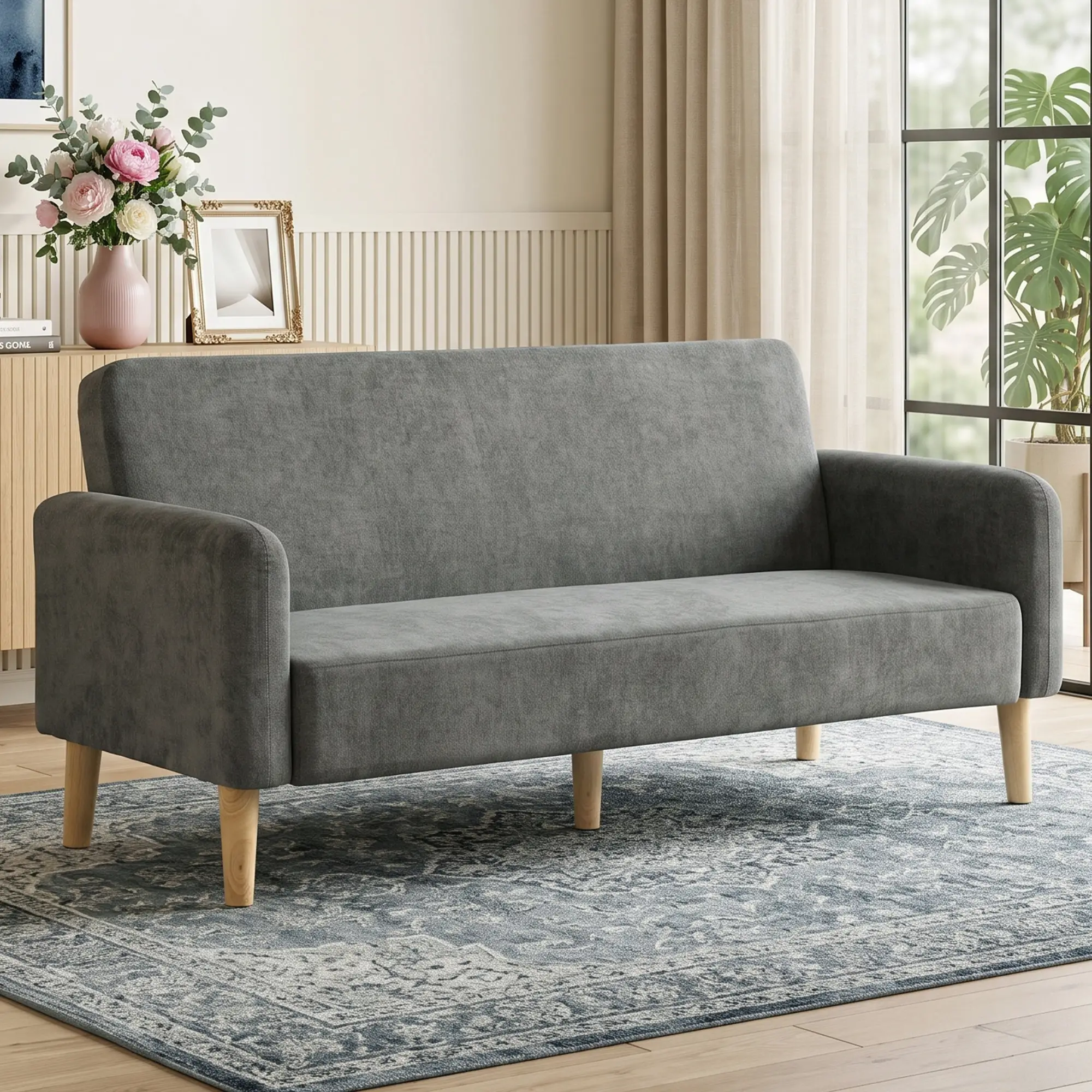 2 Seater Velvet Sofa 160 x 73 x 83cm - Grey, Black - 2