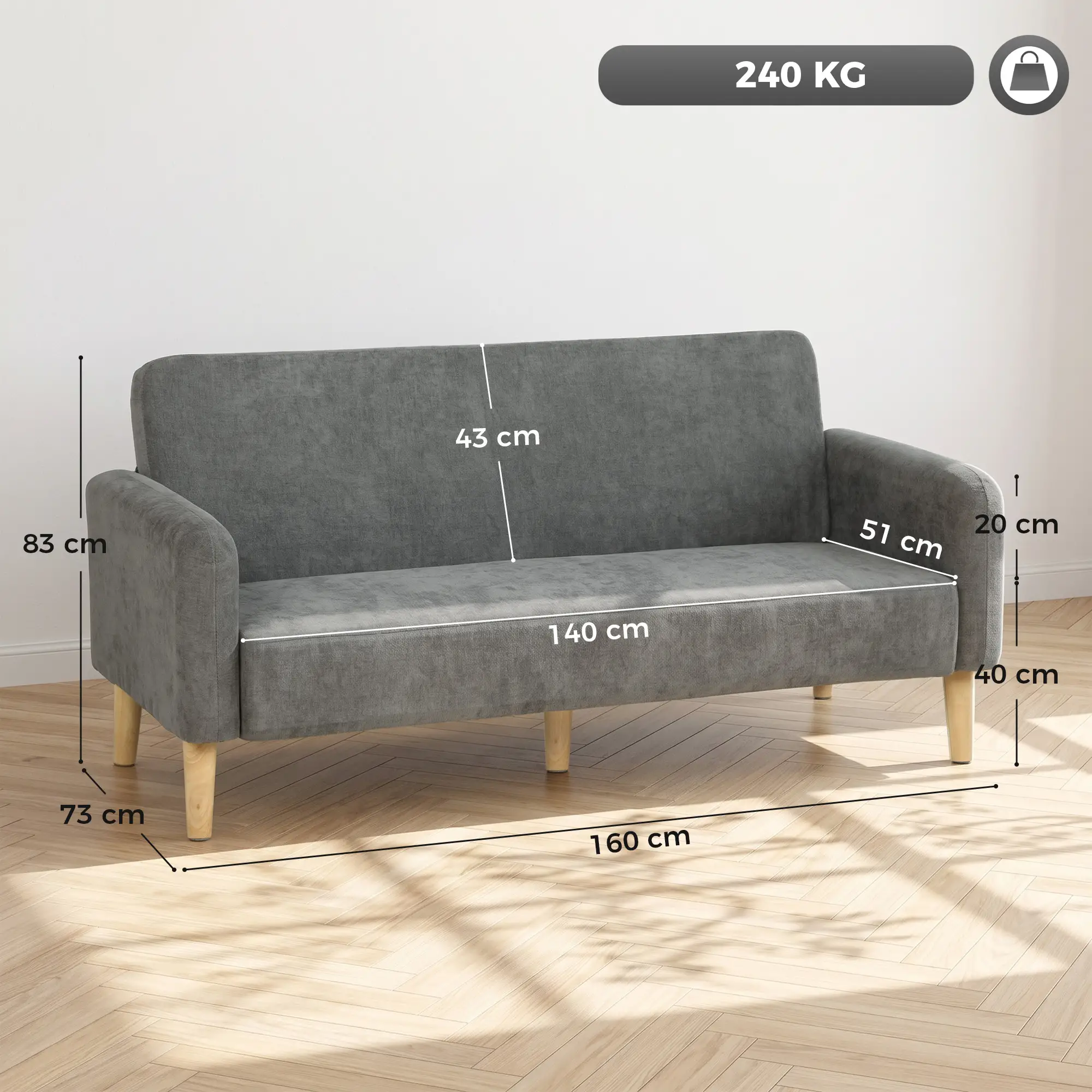 2 Seater Velvet Sofa 160 x 73 x 83cm - Grey, Black - 3