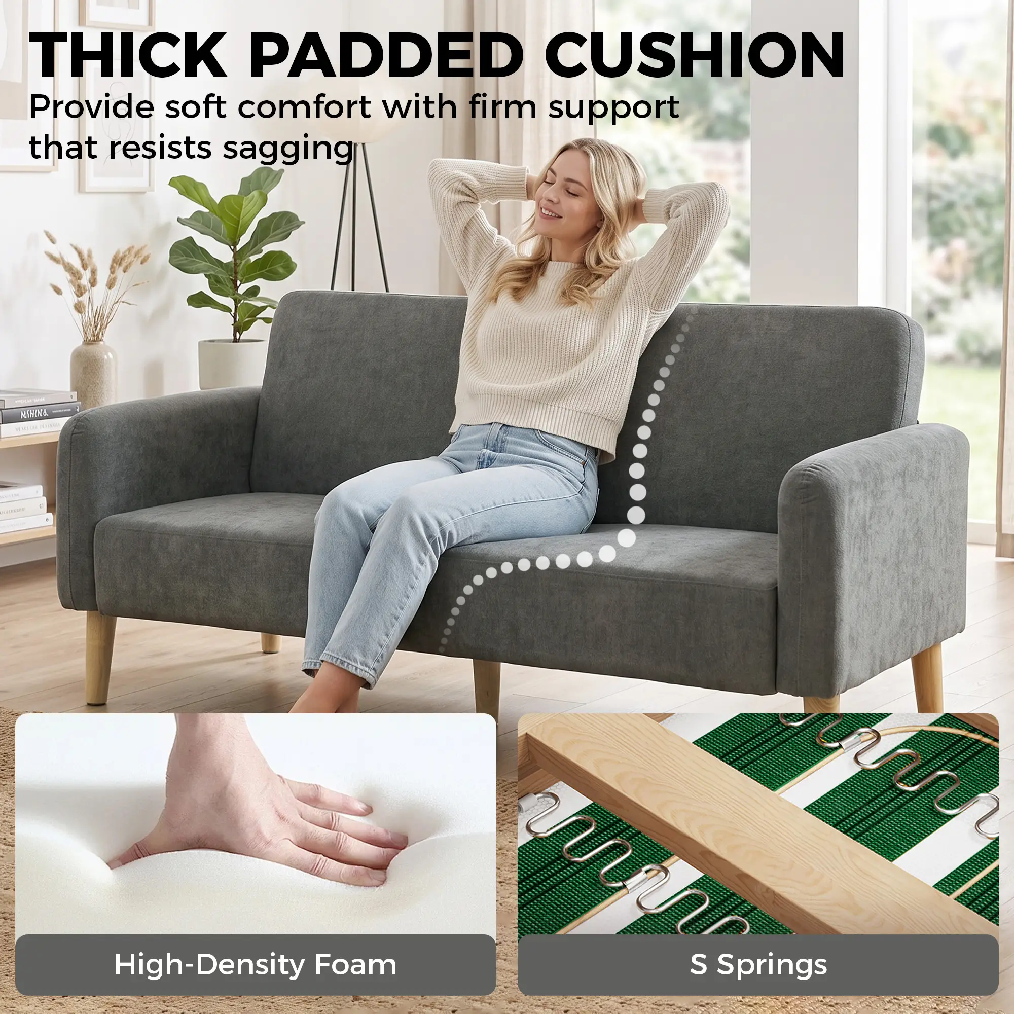 2 Seater Velvet Sofa 160 x 73 x 83cm - Grey, Black - 4
