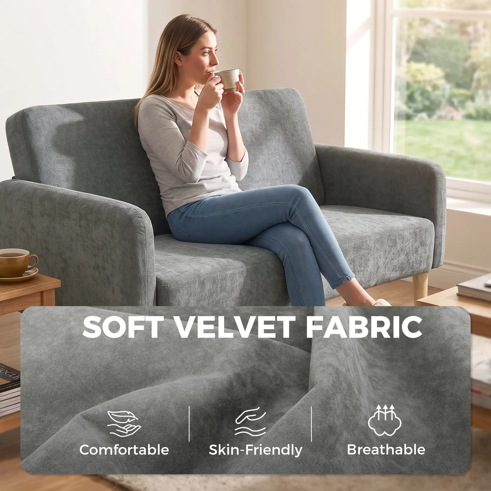2 Seater Velvet Sofa 160 x 73 x 83cm - Grey, Black - 5