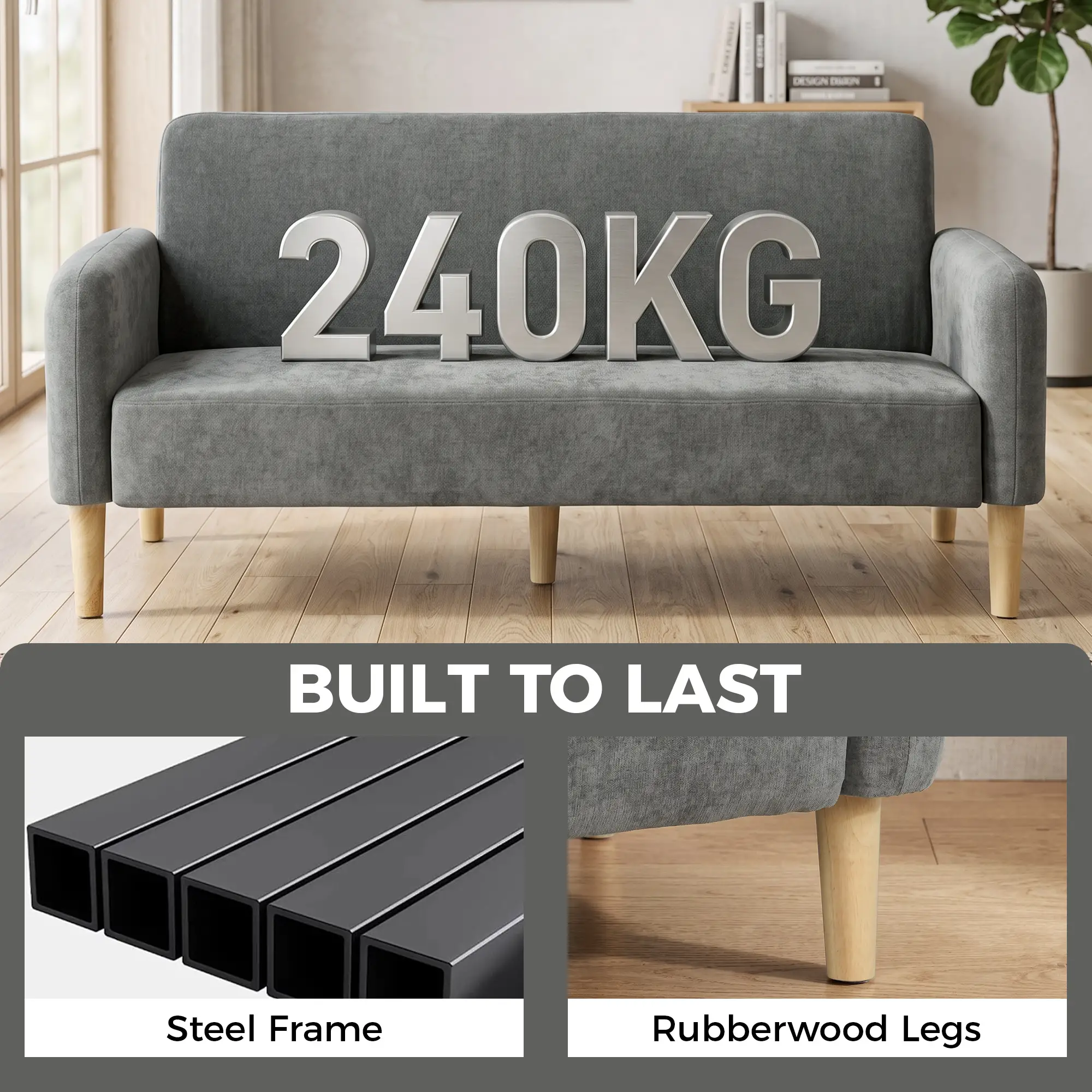 2 Seater Velvet Sofa 160 x 73 x 83cm - Grey, Black - 7