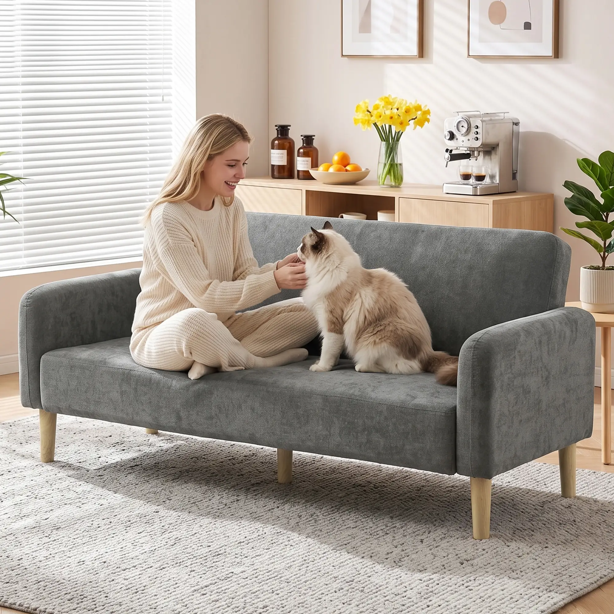 2 Seater Velvet Sofa 160 x 73 x 83cm - Grey, Black - 9
