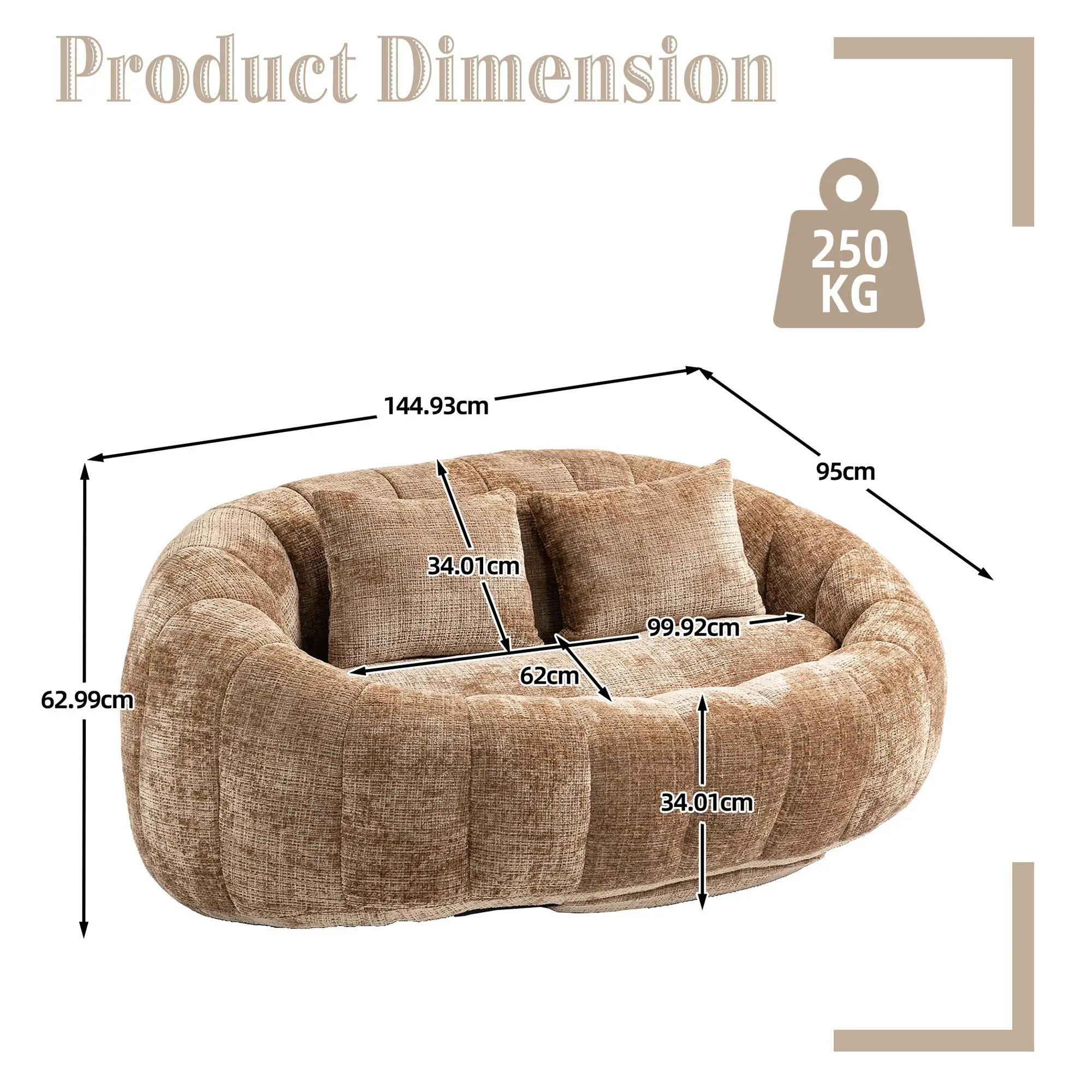 Corner 2 Seater Chenille Sofa 145 x 95 x 63cm - Coffee - 3