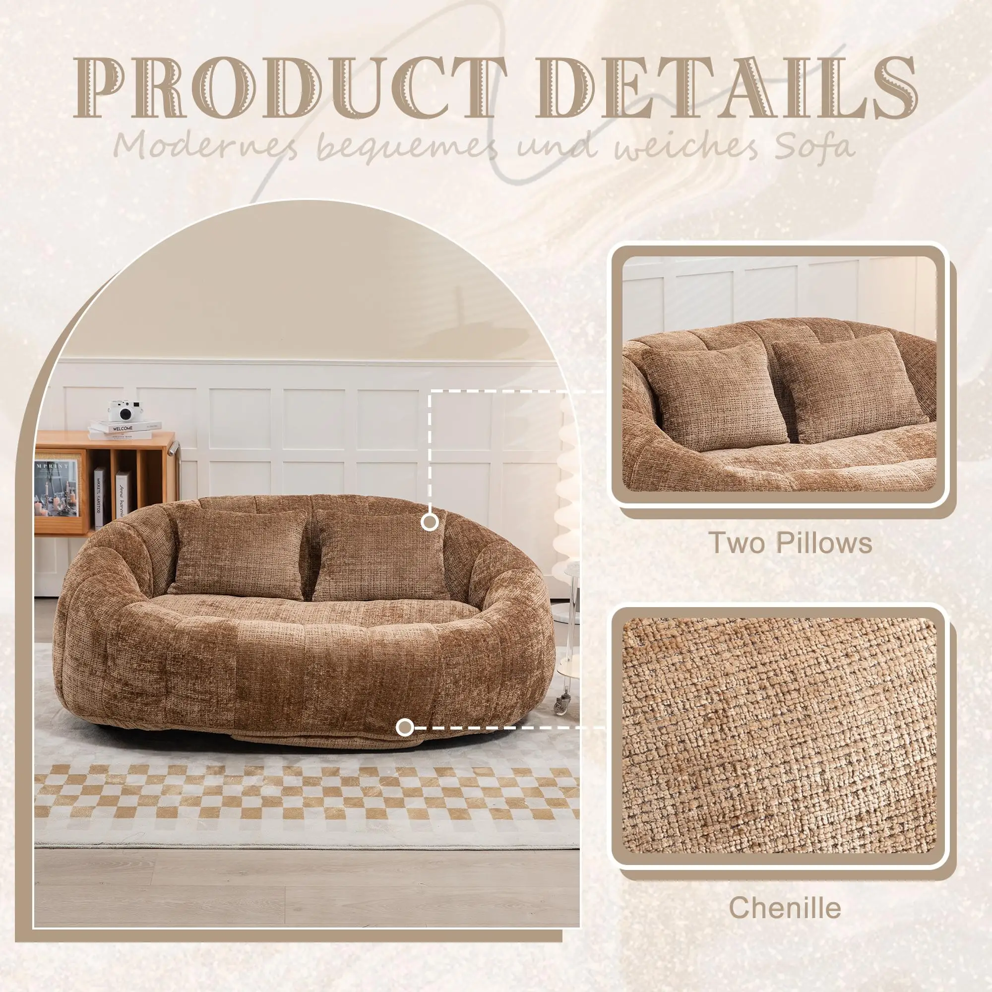 Corner 2 Seater Chenille Sofa 145 x 95 x 63cm - Coffee - 6