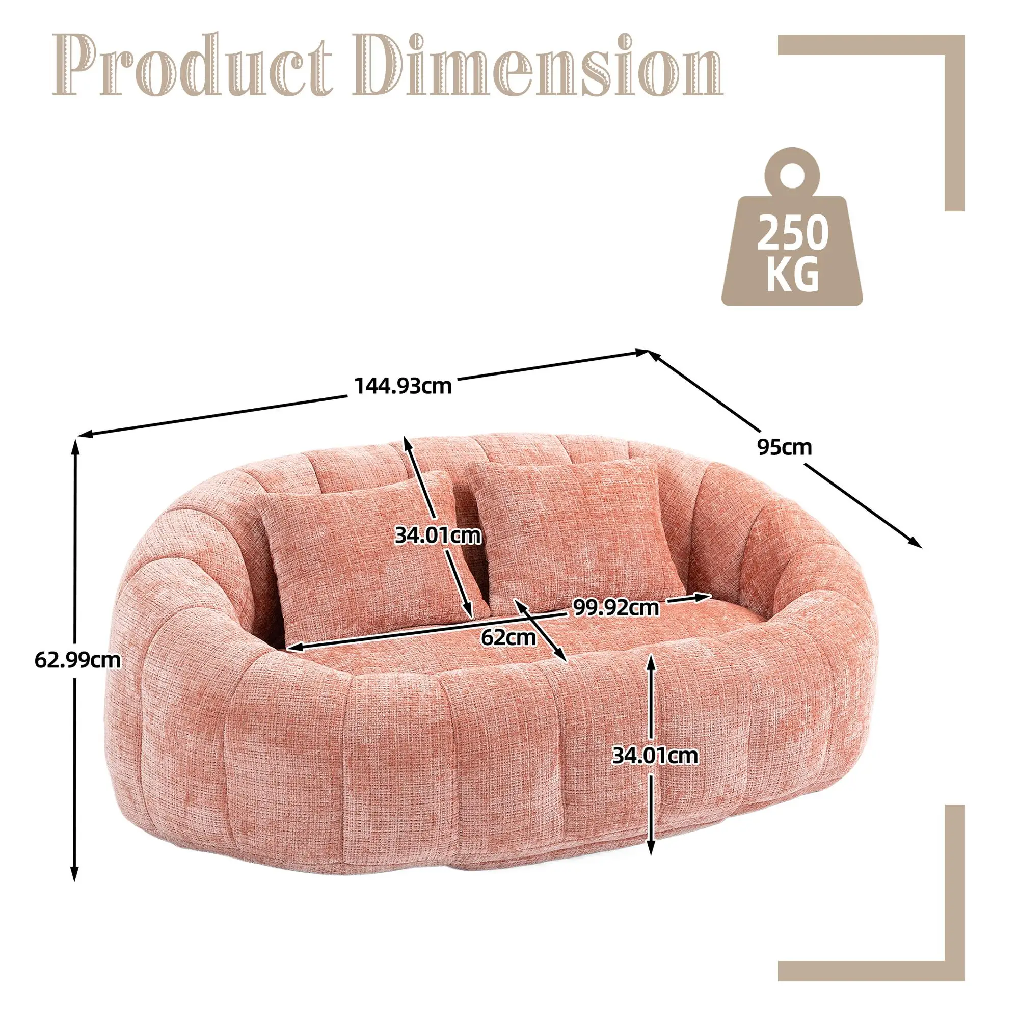 Corner 2 Seater Chenille Sofa 145 x 95 x 63cm - Pink - 3