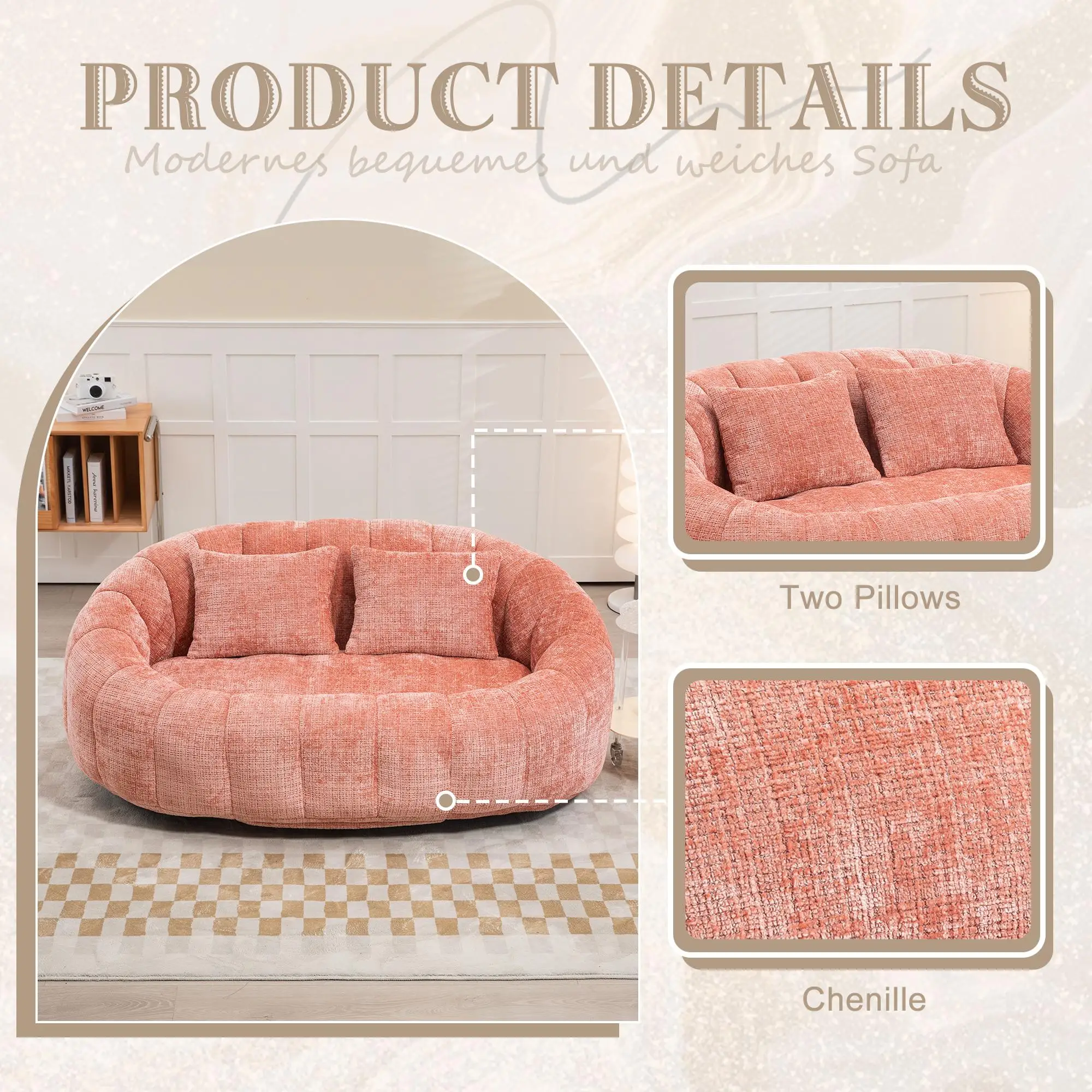 Corner 2 Seater Chenille Sofa 145 x 95 x 63cm - Pink - 7