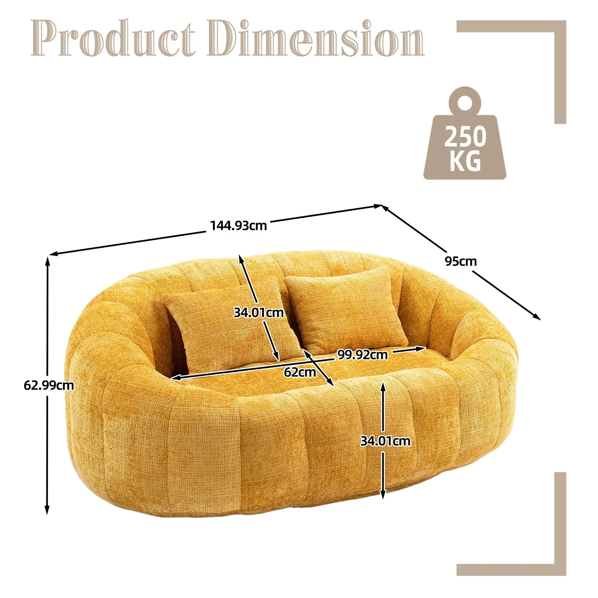 Corner 2 Seater Chenille Sofa 145 x 95 x 63cm - Yellow - 3