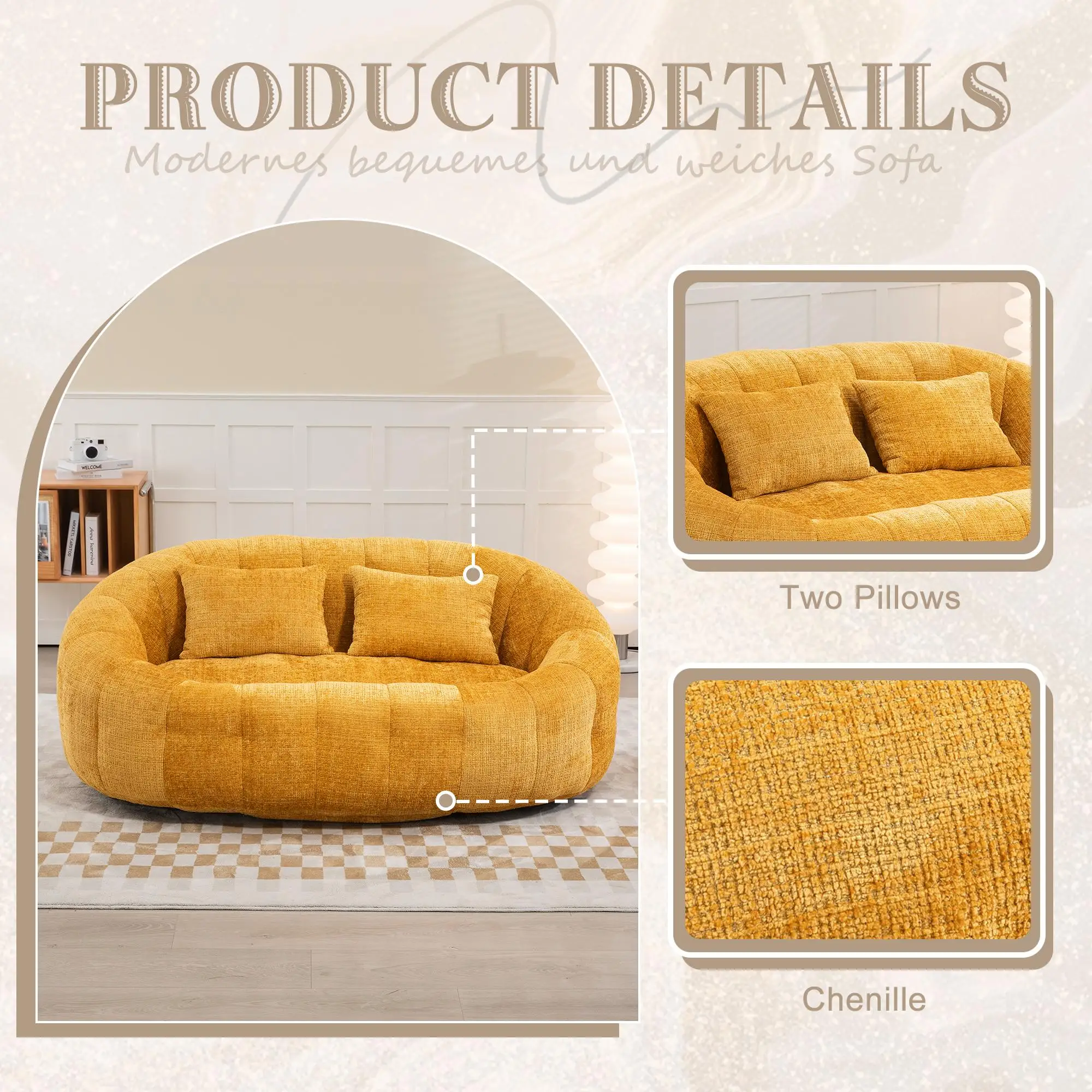 Corner 2 Seater Chenille Sofa 145 x 95 x 63cm - Yellow - 6