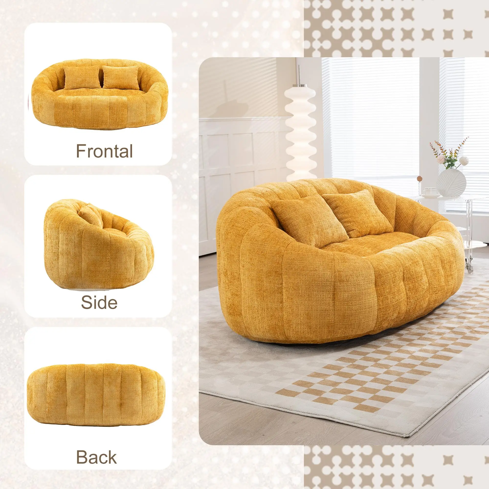 Corner 2 Seater Chenille Sofa 145 x 95 x 63cm - Yellow - 7