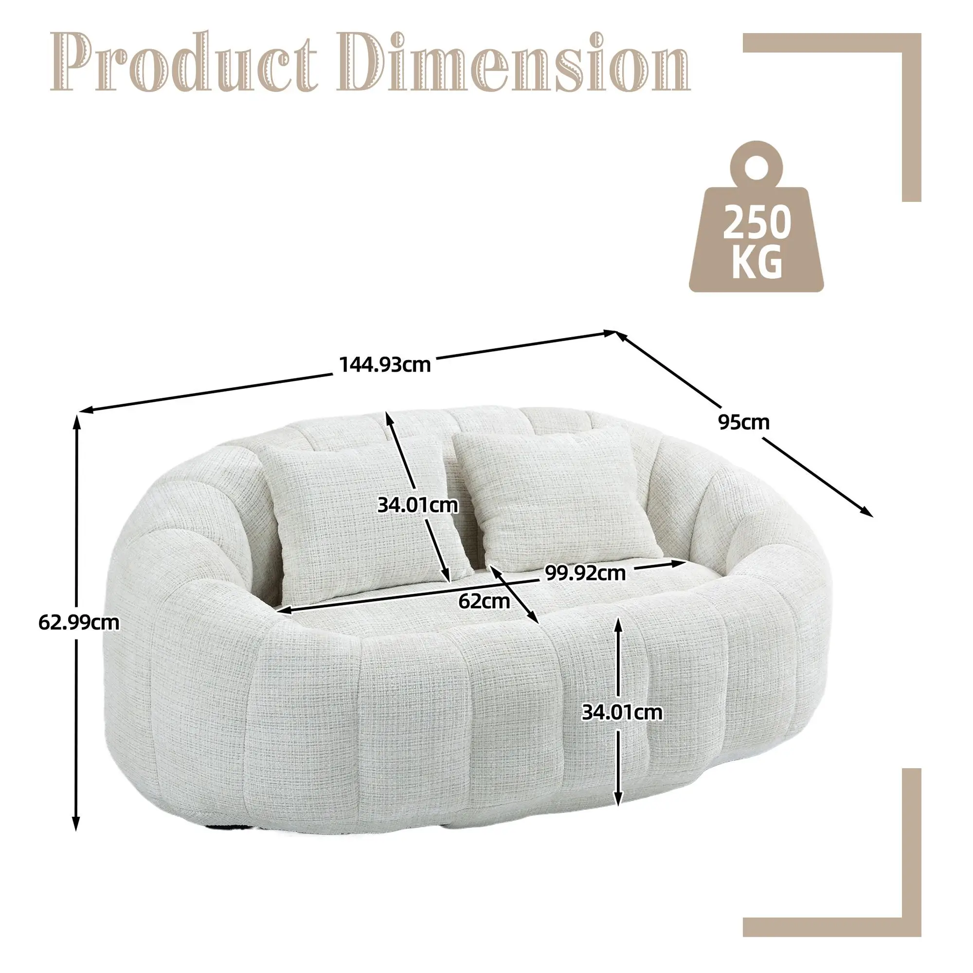 Corner 2 Seater Chenille Sofa 145 x 95 x 63cm - Beige - 3