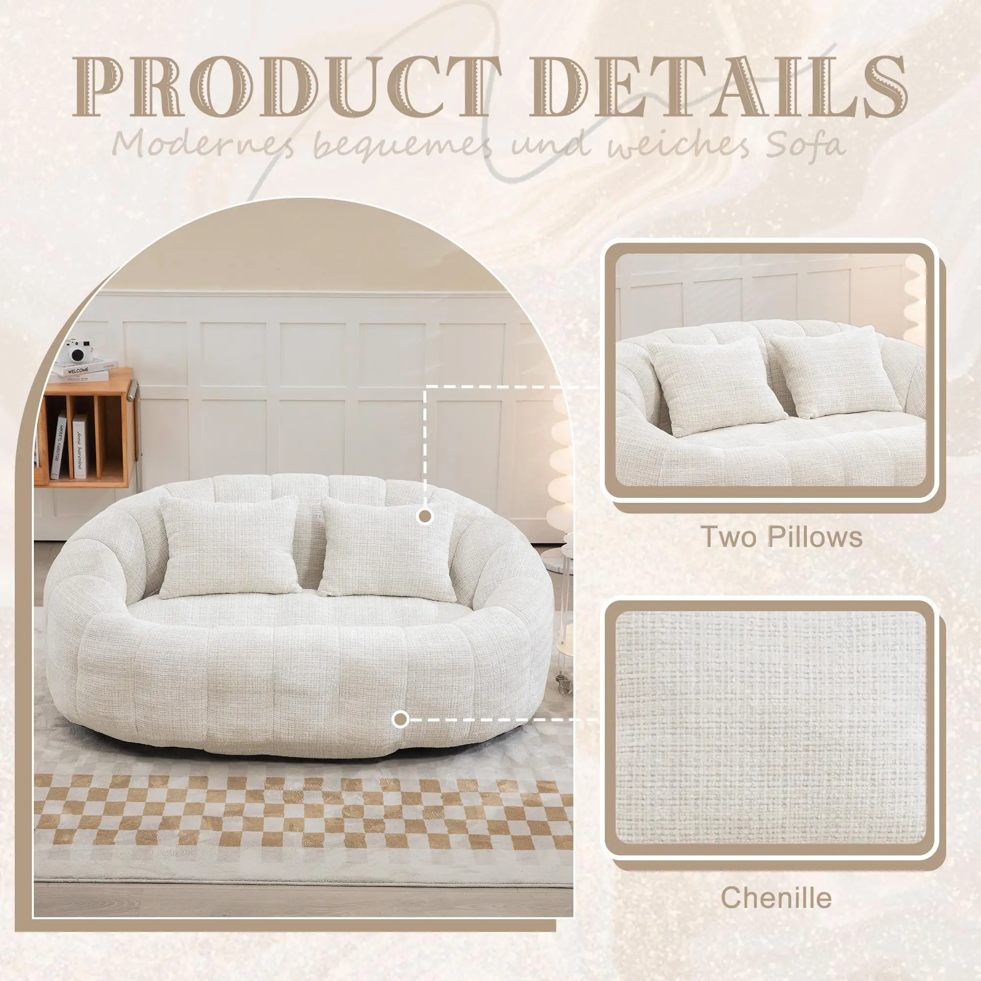 Corner 2 Seater Chenille Sofa 145 x 95 x 63cm - Beige - 6