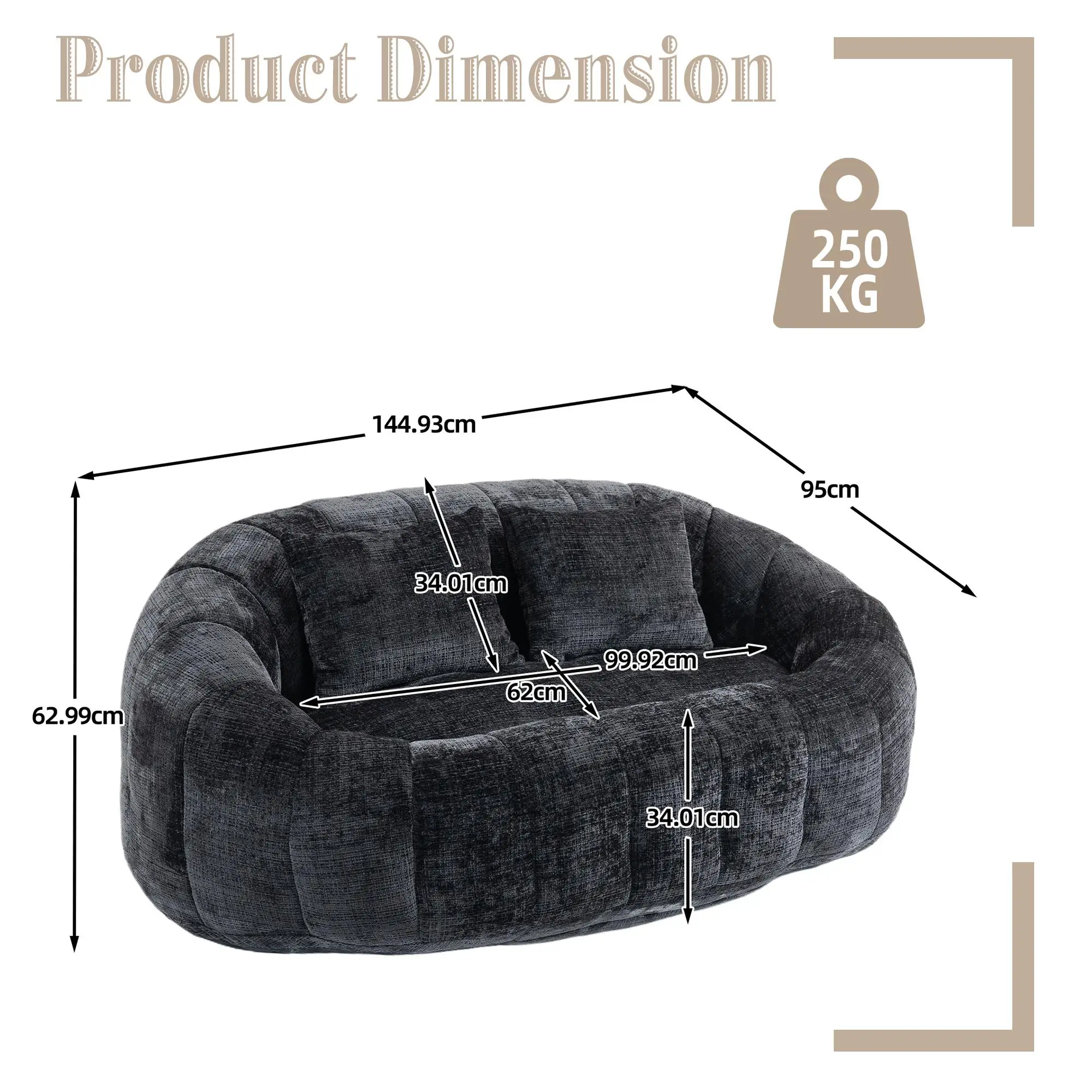 Corner 2 Seater Chenille Sofa 145 x 95 x 63cm - Black - 3