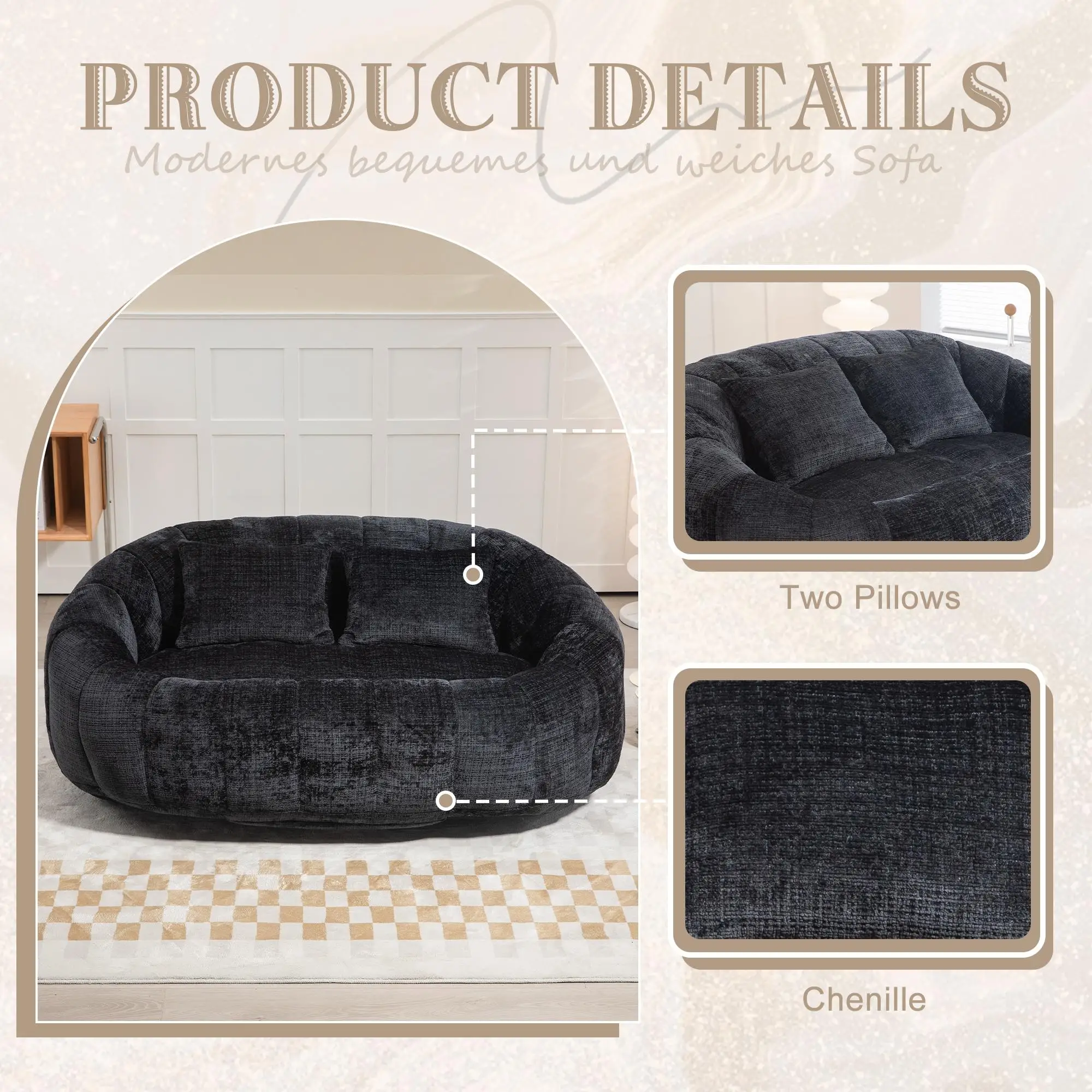 Corner 2 Seater Chenille Sofa 145 x 95 x 63cm - Black - 6