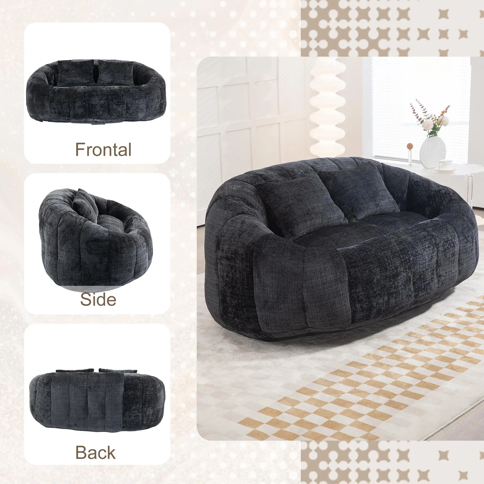 Corner 2 Seater Chenille Sofa 145 x 95 x 63cm - Black - 7
