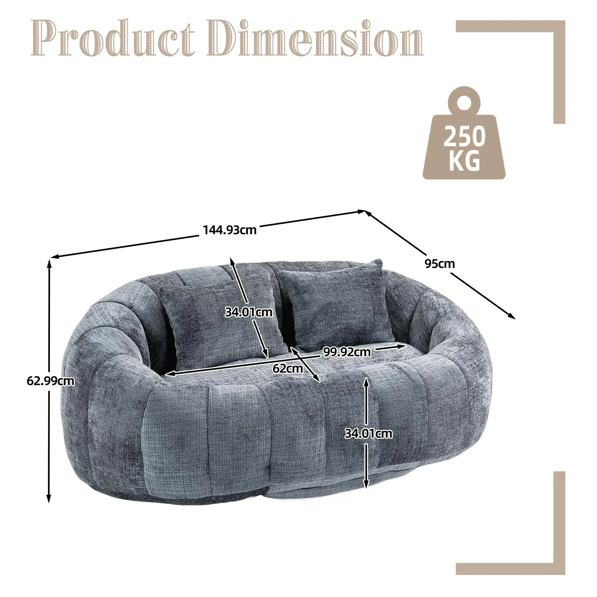 Corner 2 Seater Chenille Sofa 145 x 95 x 63cm - Grey - 3