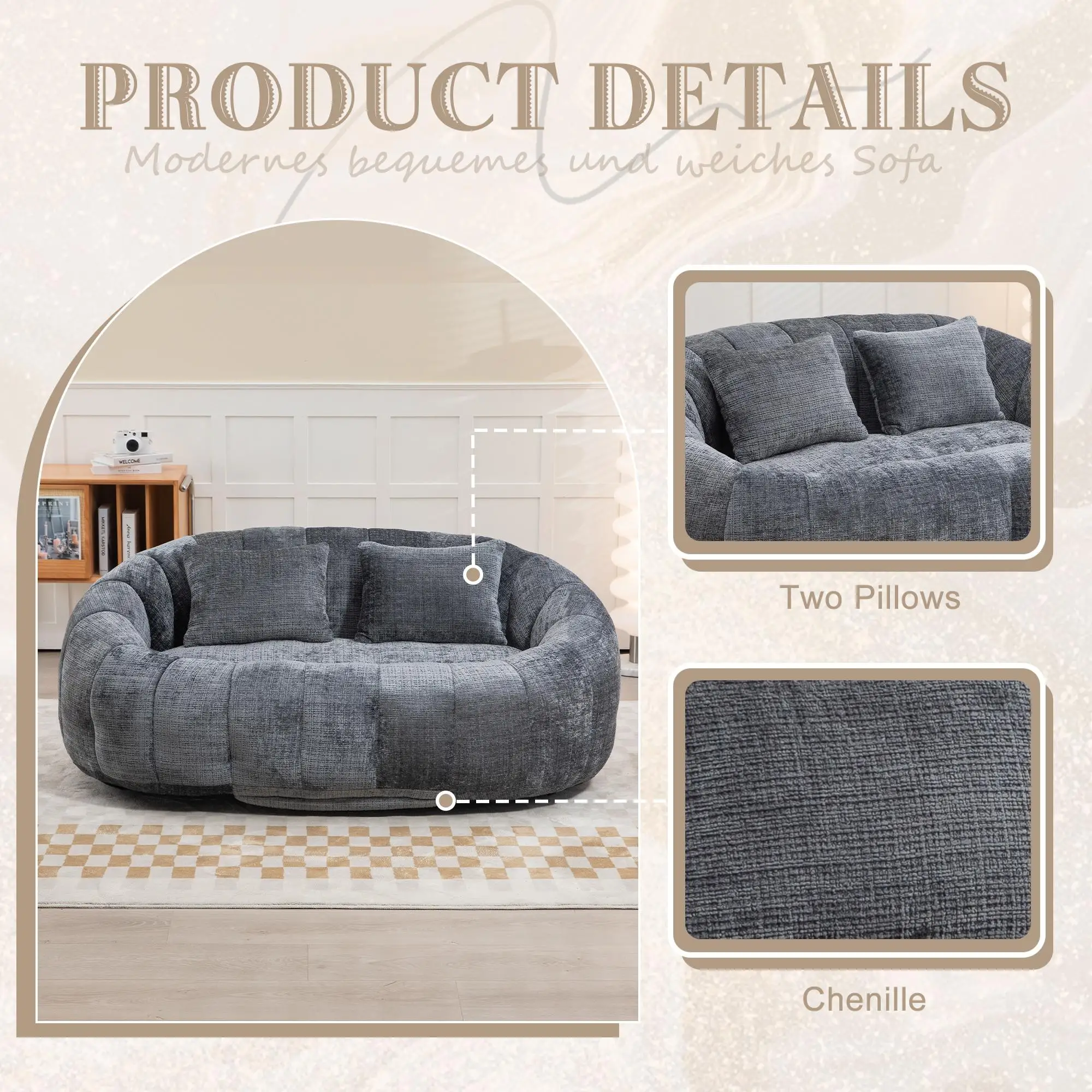 Corner 2 Seater Chenille Sofa 145 x 95 x 63cm - Grey - 6